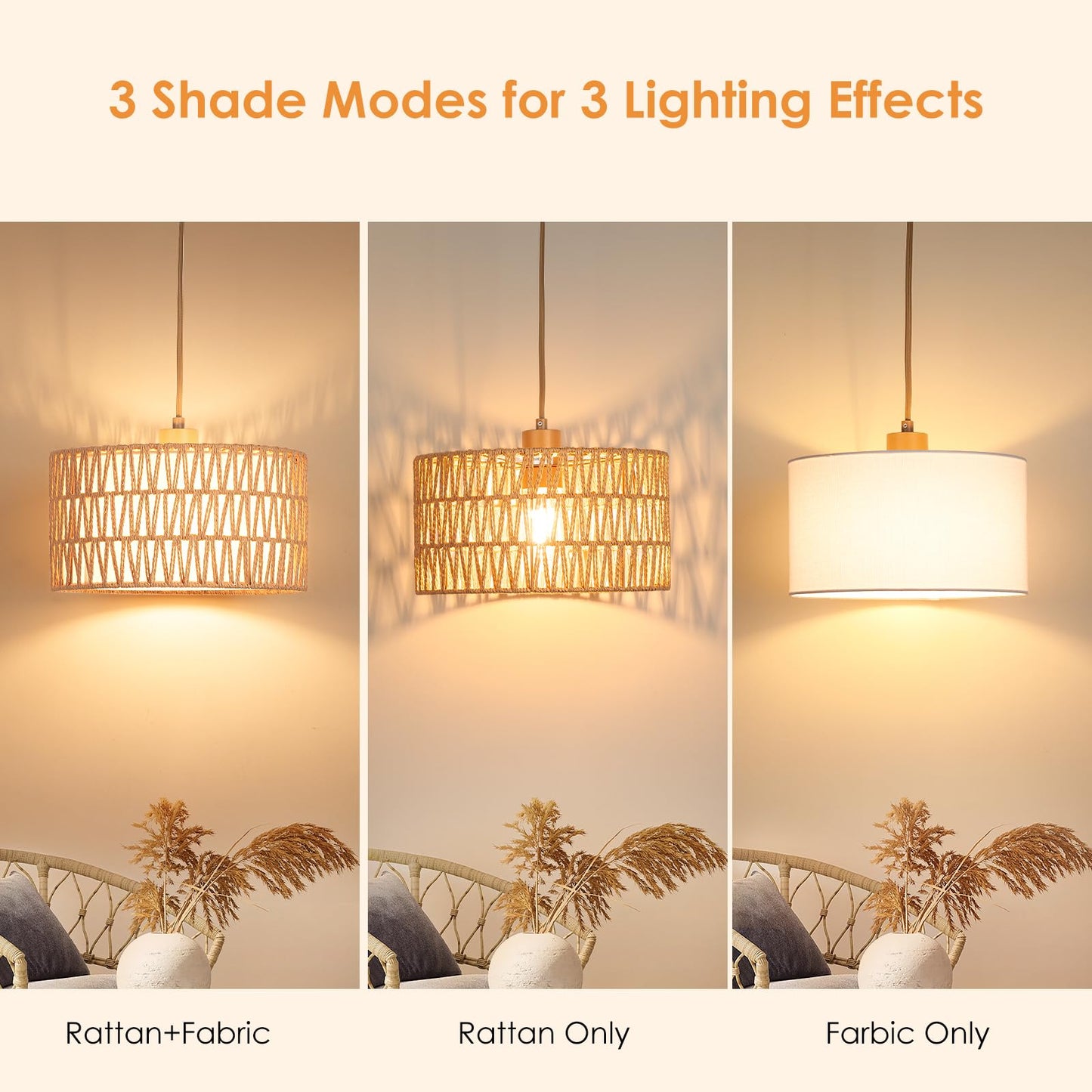 Plug in Pendant Light Rattan Hanging Lamp, Boho Hanging Lights with Paper Woven & Fabric 2 in 1 Shade, 3-Way Dimmable Bulb Included, Ceiling Light Fixture for Living Room,Bedroom,Farmhouse