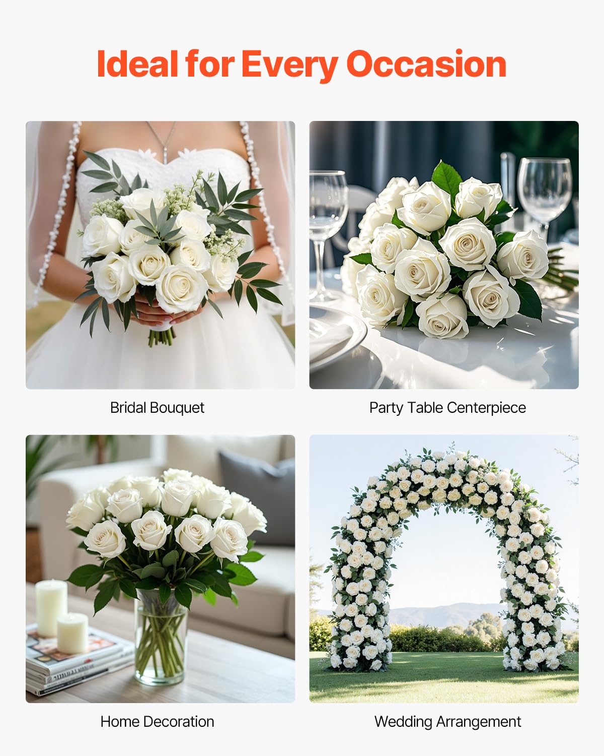 VEVOR Artificial Flowers, 120 pcs Real Looking White Foam Fake Roses Bulk, White Faux Bridal Shower with Stems for DIY Wedding Bouquets, Home Centerpieces Arrangements, Party Tables Decorations
