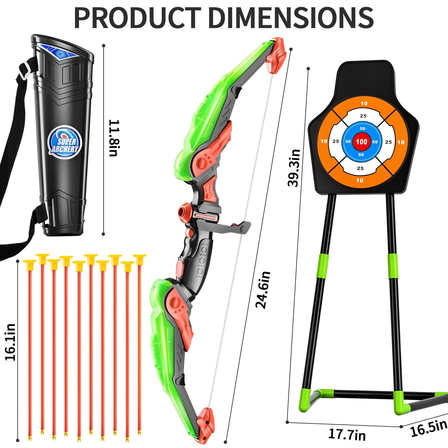 TEMI Bow and Arrow Set for Kids with LED Lights-Archery Set with 10 Suction Cup Arrows, Quivers & Standing Target, Outdoor Toys for Kids Boys & Girls Ages 3-12 Years Old