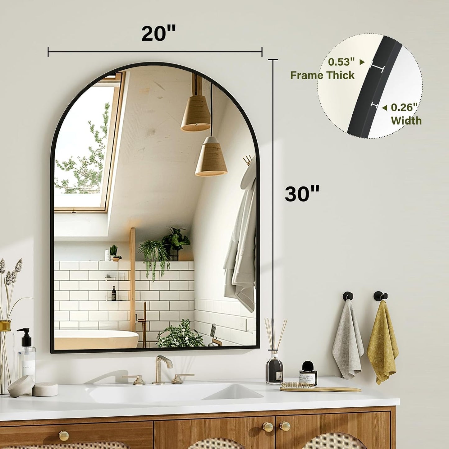 Bathroom Mirrors for Over Sink, 20"x30" Arched Mirror for Wall, Metal Black Framed Mirrors Modern Vanity Mirror for Bathroom Living Room, Bedroom and Entryway, Black