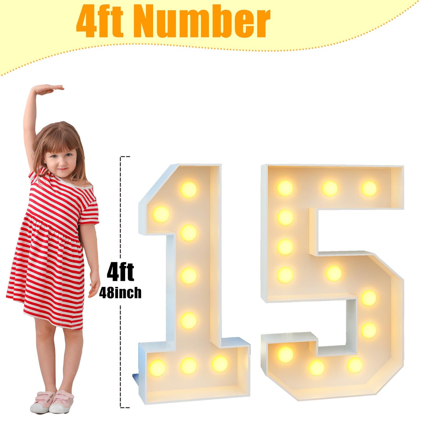 4ft Light Up Numbers 15 Large Numbers with Lights Bulbs White Marquee Frame for 15th Party Boys Girls Birthday Decorations Pre-Cut Mosaic Cardboard Giant Cut-Out Thick Foam Board Sign Anniversary