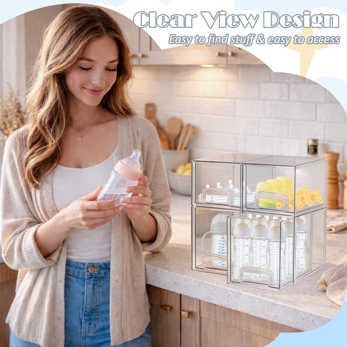 zebrater Baby Bottle Organizer-4 Pack Stackable Storage Drawers, Baby Organizers and Storage with Hooks, Clear Acrylic Multipurpose Bottle Storage for Countertop,Kitchen,Cabinet,Vanity,Bathroom