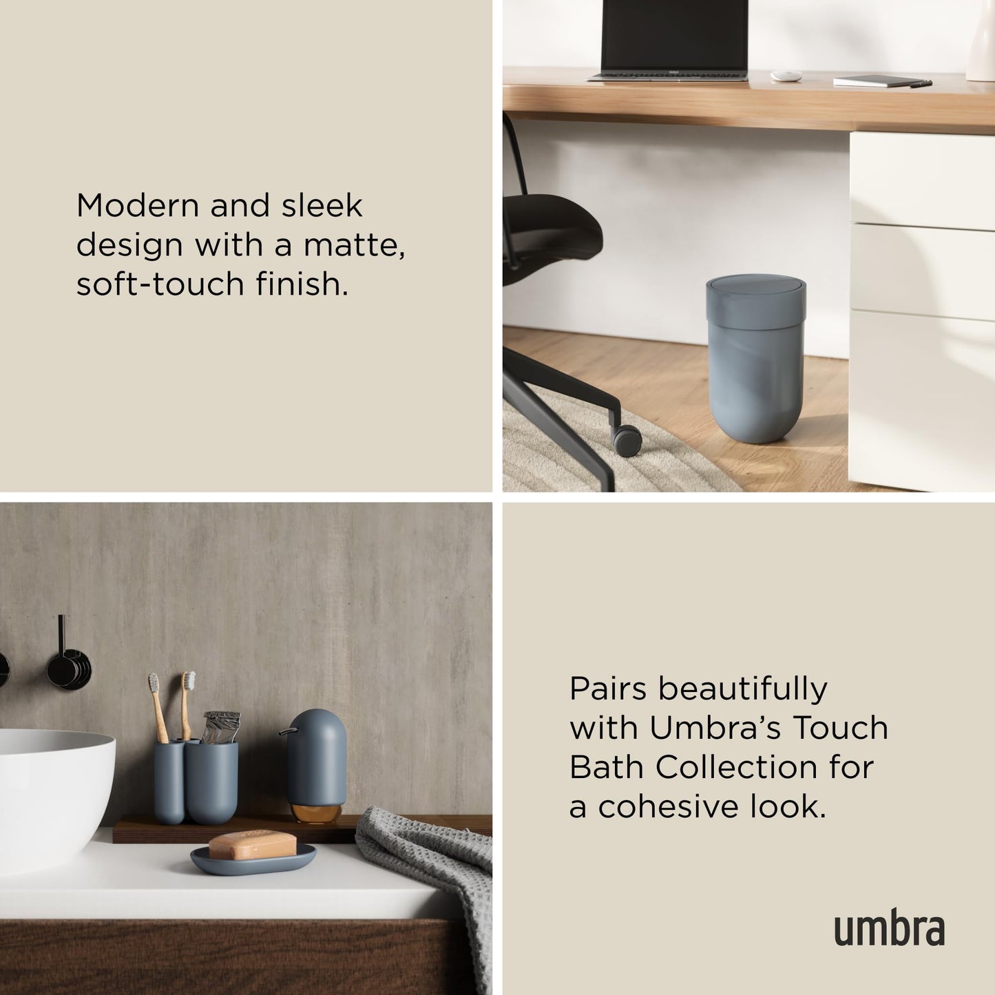 Umbra Touch Trash Can, Small Garbage Bin Waste Basket with Lid for Bathroom, Slate Blue