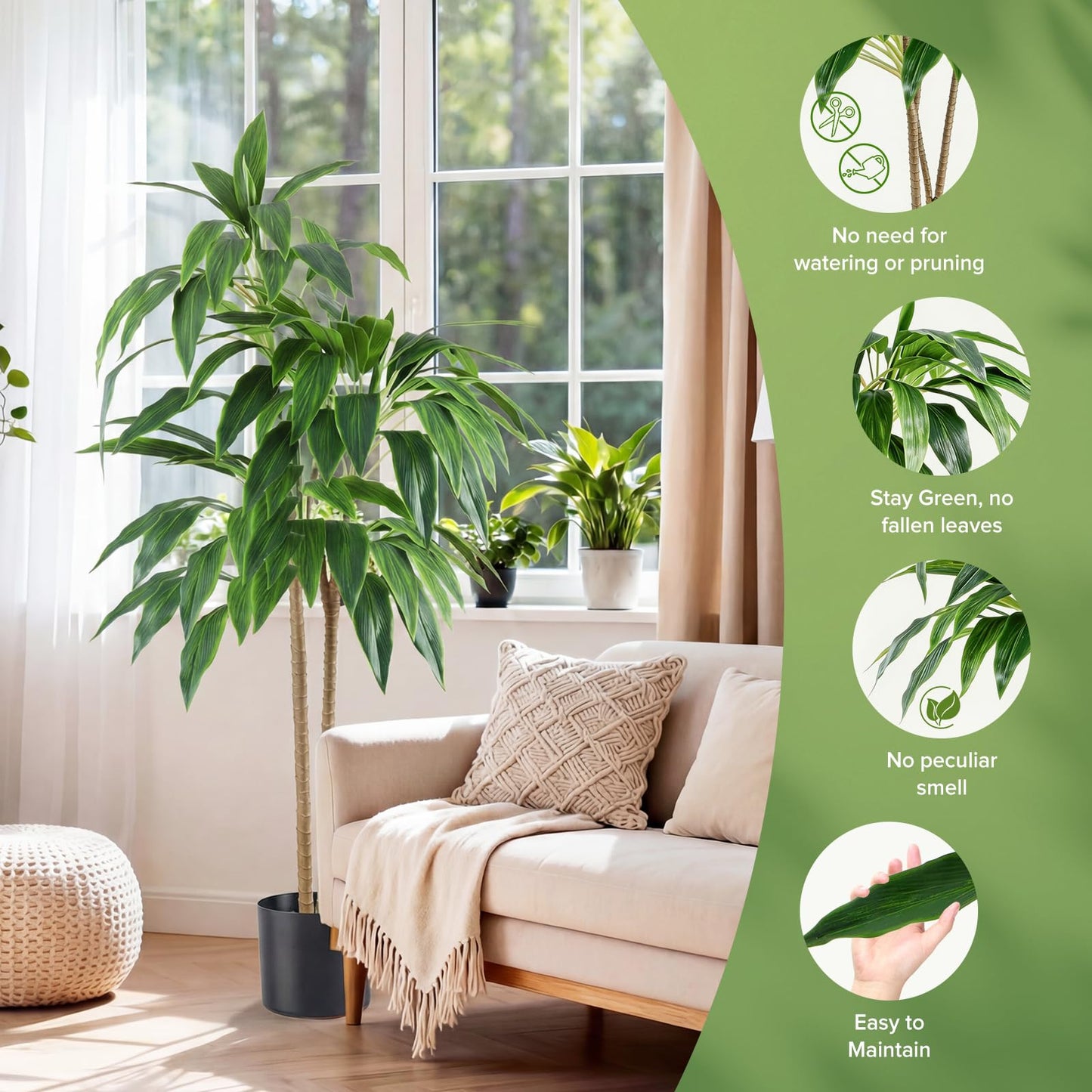 DUMOS 51in Artificial Dracaena Tree, 4FT Lifelike Faux Indoor Floor Plant with Bendable Leaves, Potted Tall Fake Plant for Living Room, Bedroom, Office Corner Decor