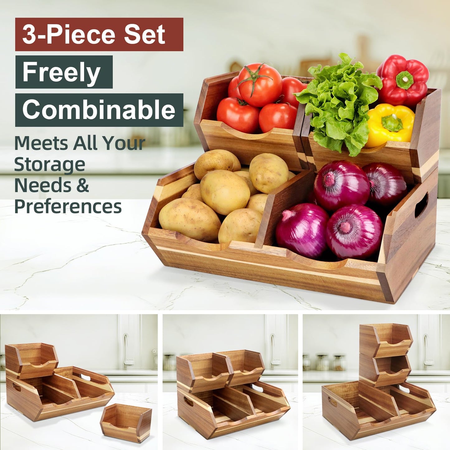 Happilif Acacia Wood Pantry Storage Bins, Stackable Potato and Onion Storage Bins for Kitchen Countertop, Set of 3 Wooden Pantry Organizer Baskets for Fruit, Vegetable, Snack