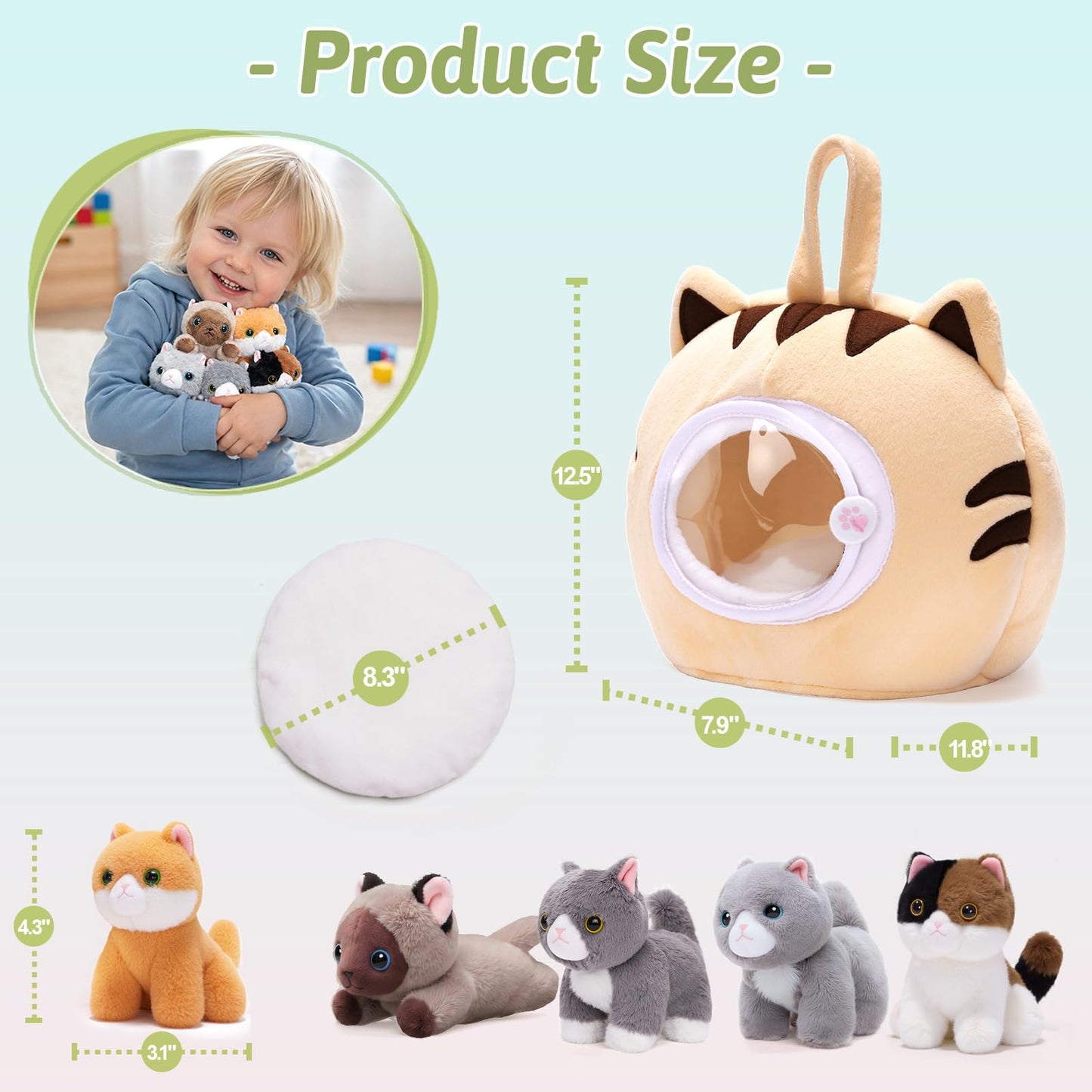 OUOZZZ Cat Stuffed Animal House with 5 Cute Kittens, 12.5“ x 7.9" x 11.8"
