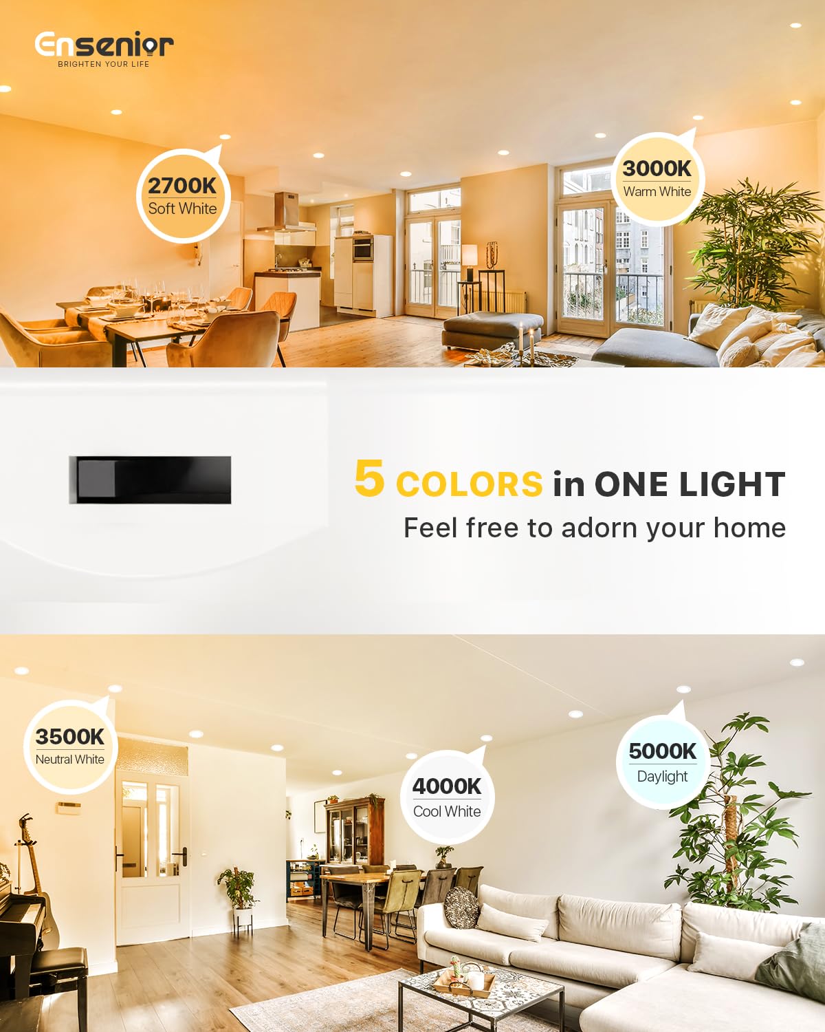 Ensenior 4 Inch LED Can Lights 24 Pack, Dimmable Retrofit Led Recessed Lighting, 5CCT Adjustable Color Temperature (2700K-5000K), 7W=77W 700LM, IC & Damp Rated, FCC