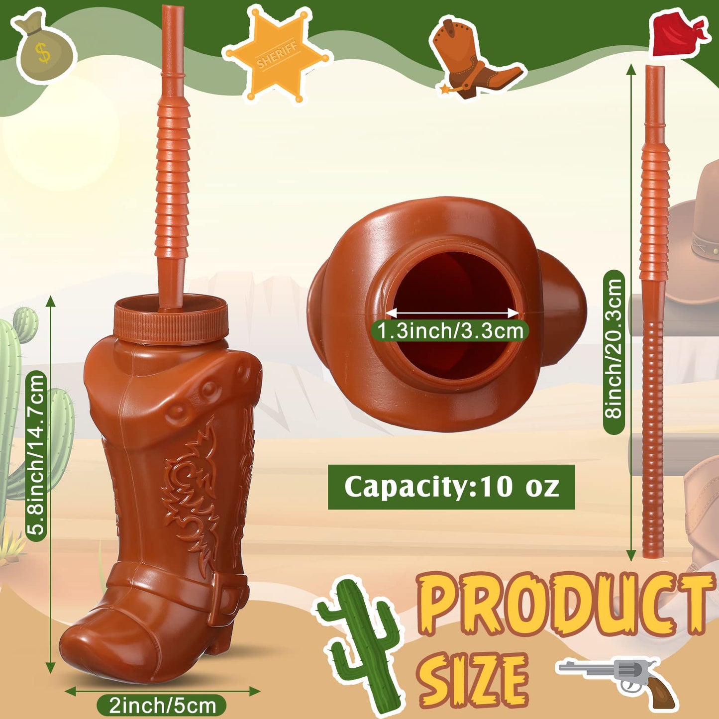 Hoolerry 24 Pcs 10 oz Plastic Cowboy Boot Cups with Straws and Lids Plastic Cowboy Cups for Western Themed Party Supplies and Rodeo Party Decorations (Brown)