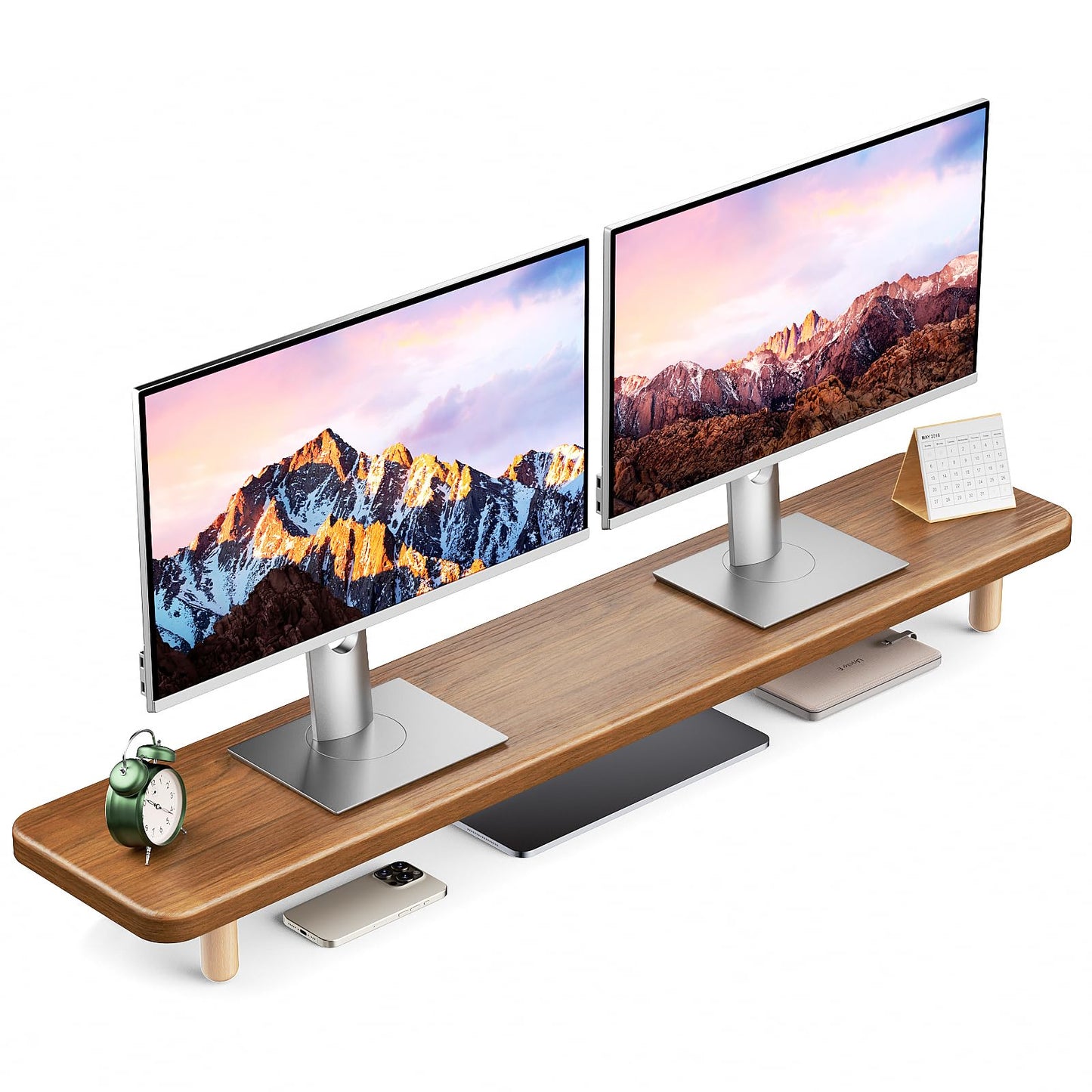 Dual Monitor Stand Riser, 39 Inch Extra Long Wooden Desktop Monitor Riser with Storage for 2 Monitors Ultra Strong Desk Shelf Organizer Riser Ergonomic for 2 Screens/Laptop/PC/TV/Printer (Walut brown, 39inches)