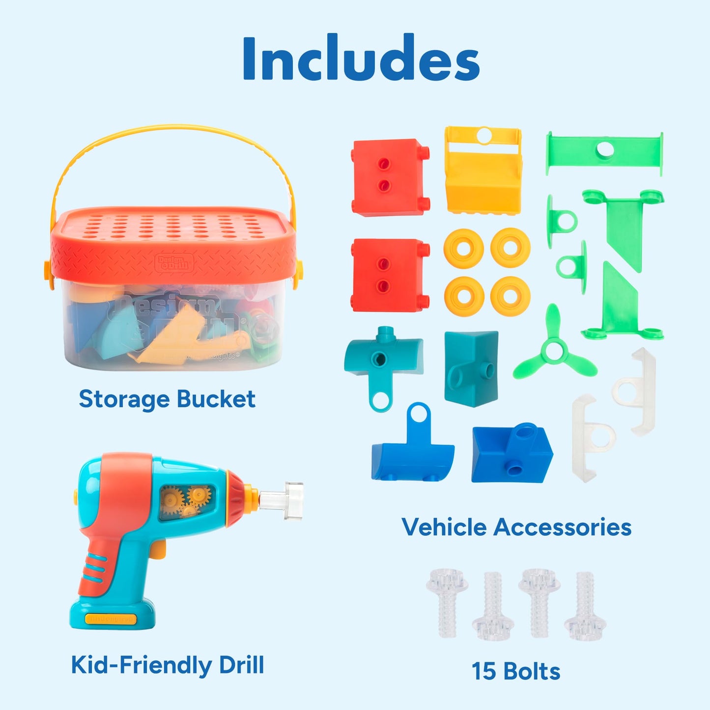 Educational Insights Design & Drill Build-It Bucket with Electric Drill Toy, 41 Pieces, Preschool STEM Toy, Gifts for Boys & Girls, Ages 3+