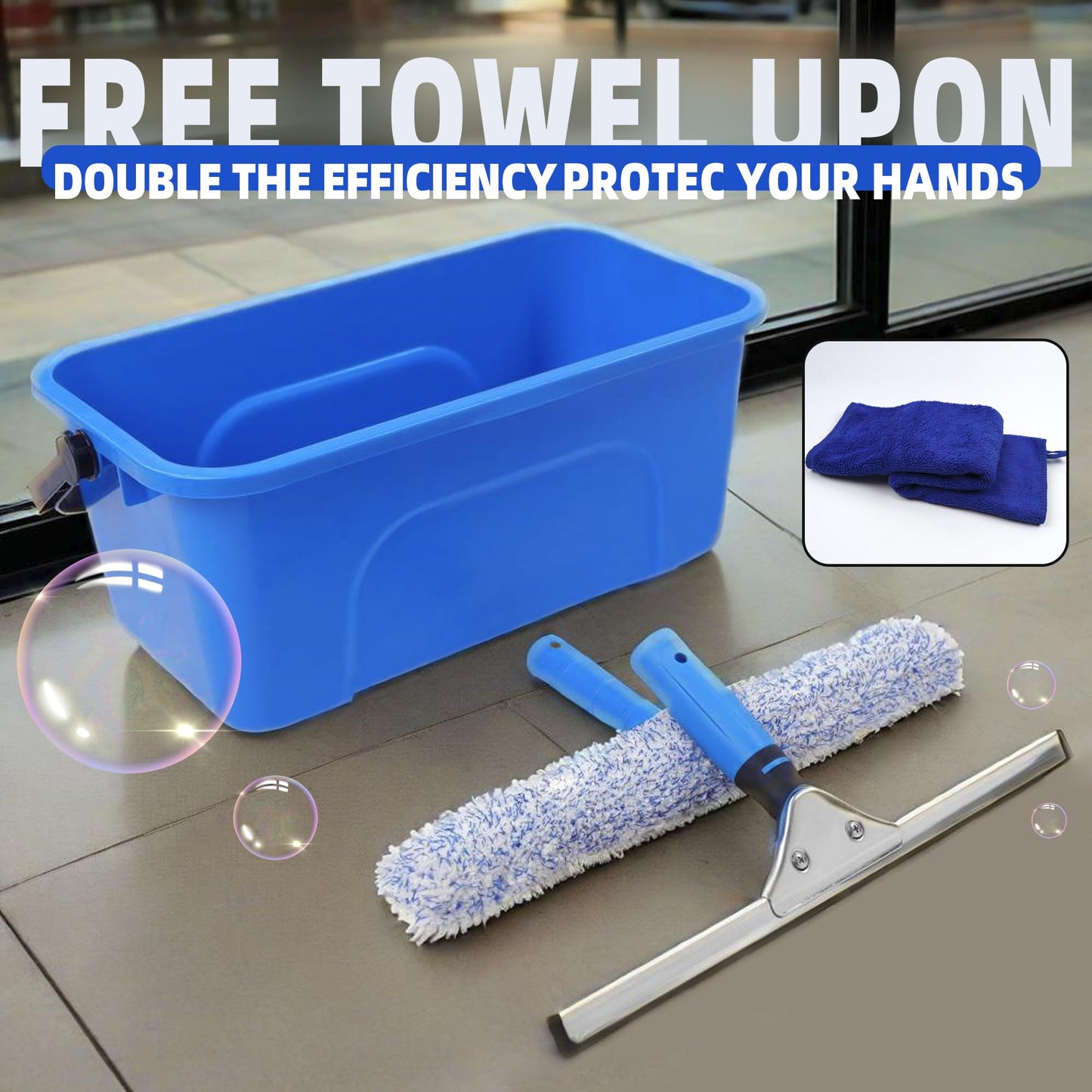 HYCDFCS Squeegee for Window Cleaning,Window Cleaning Squeegee kit with Bucket&Microfiber Scrubber,Bathroom,Shower Doors,Mirrors,Tiles,and Car Windows Blue