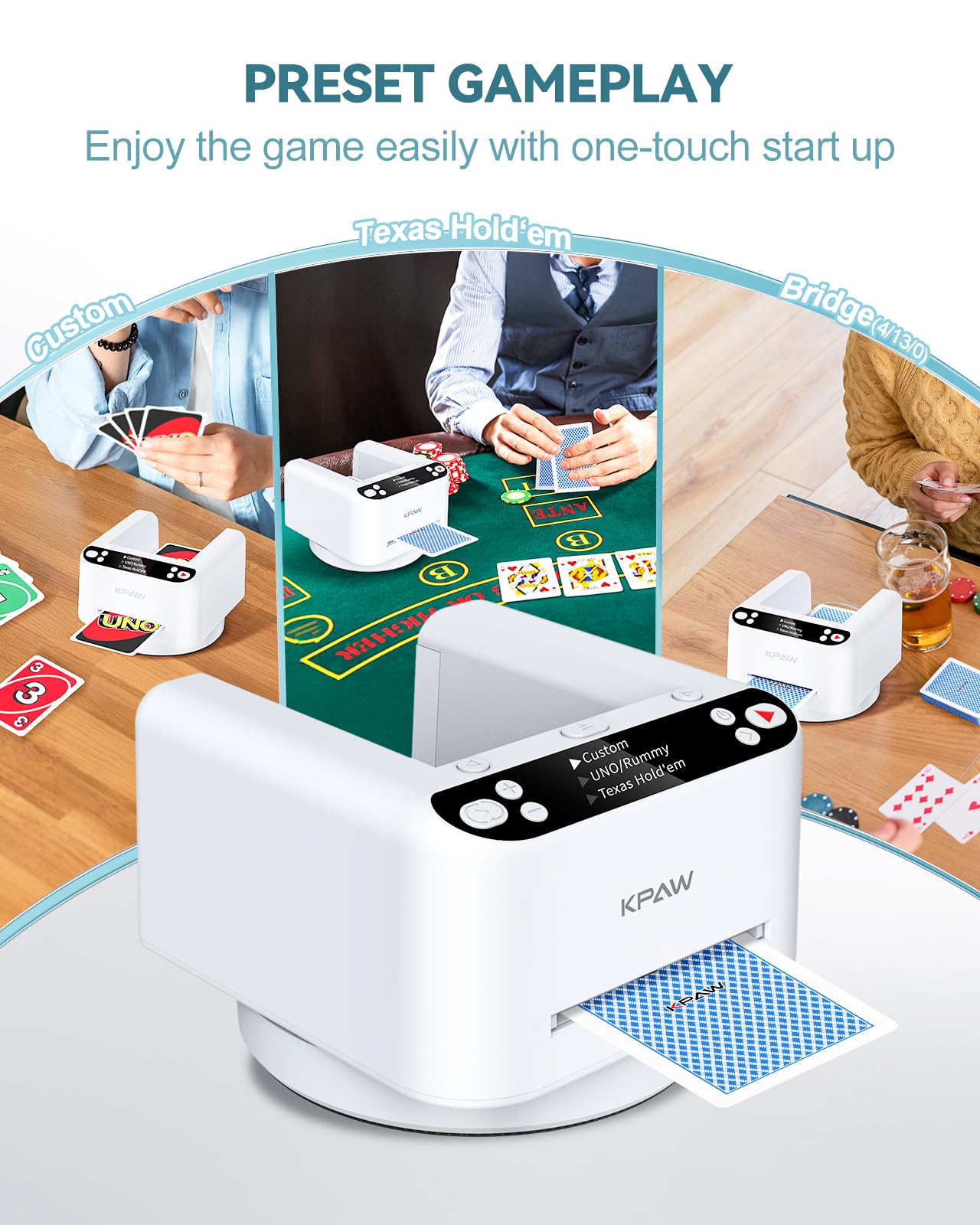 KPAW Automatic Card Dealer Machine Rotating 360 for Playing Cards 2/1/4 Decks USB Rechargeable Card Dealing Machine,Connect 4 Wireless Remotes for Texas Holdem Uno Card Game (White1, 2 Deck-B)
