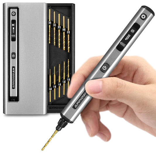AM ARROWMAX Mini Drill Pen, 5-Speed, LED Lights, OLED Display, Resin Drill Set With 10 Small Bits, Aluminium Box, For Jewelry Making, Wood, Plastic (SDS)