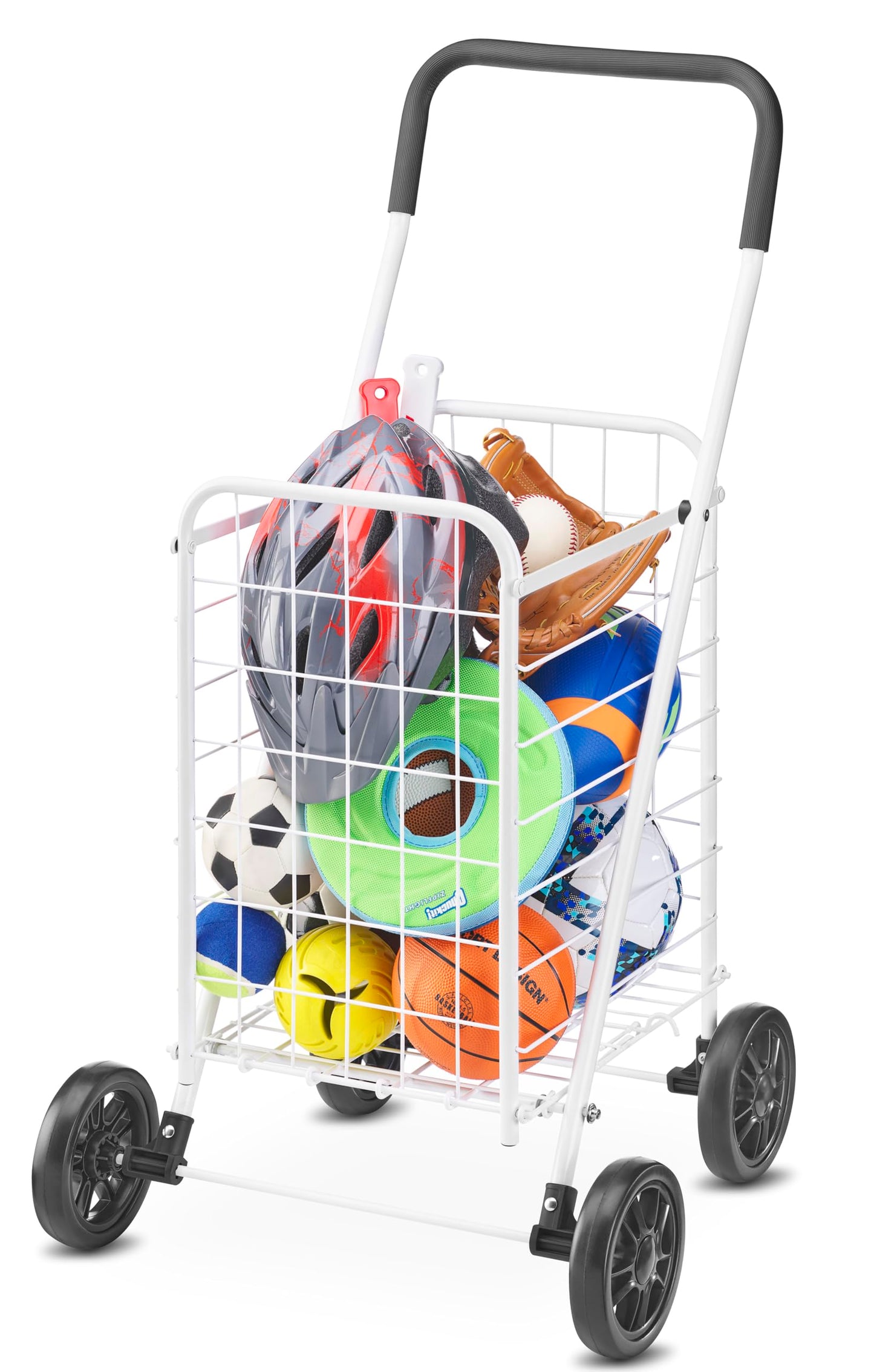 Whitmor Folding Utility Shopping Cart with Wheels, Heavy Duty Metal Grocery Cart, Portable Foam Handle, Rolling Collapsible Trolley for Groceries, Laundry, Storage, White