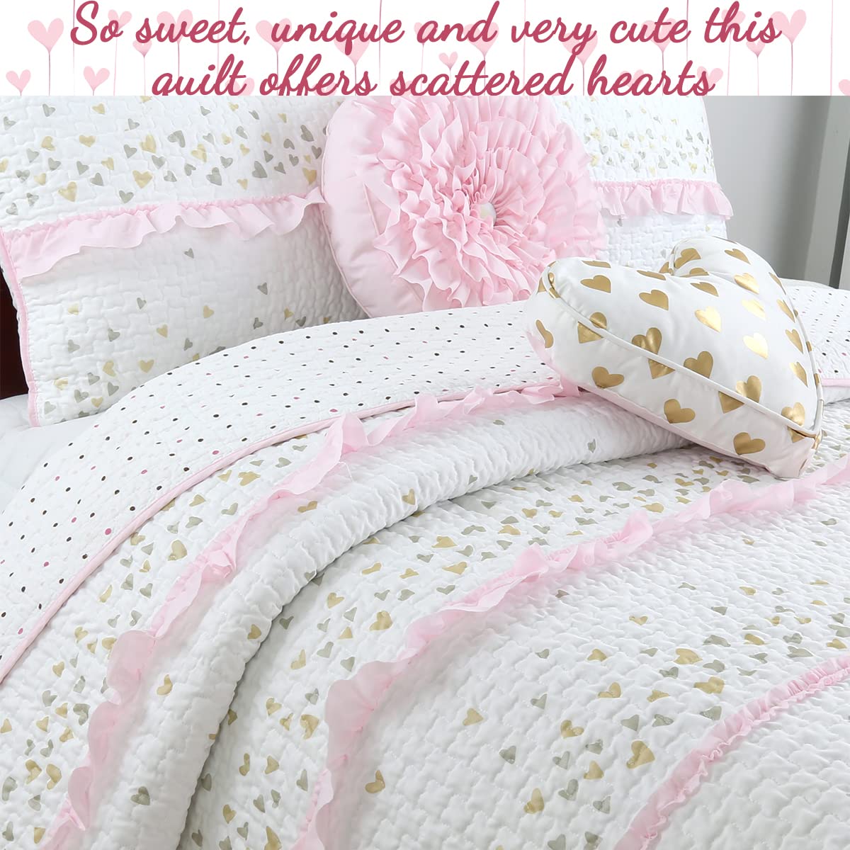 Cozy Line Home Fashions Pink Ruffle Metallic Printed Sweet Heart Polka Dot Girl Cotton Reversible Quilt Bedding Set, Coverlet, Bedspreads (Sparkling Hearts, Twin - 2 Piece)