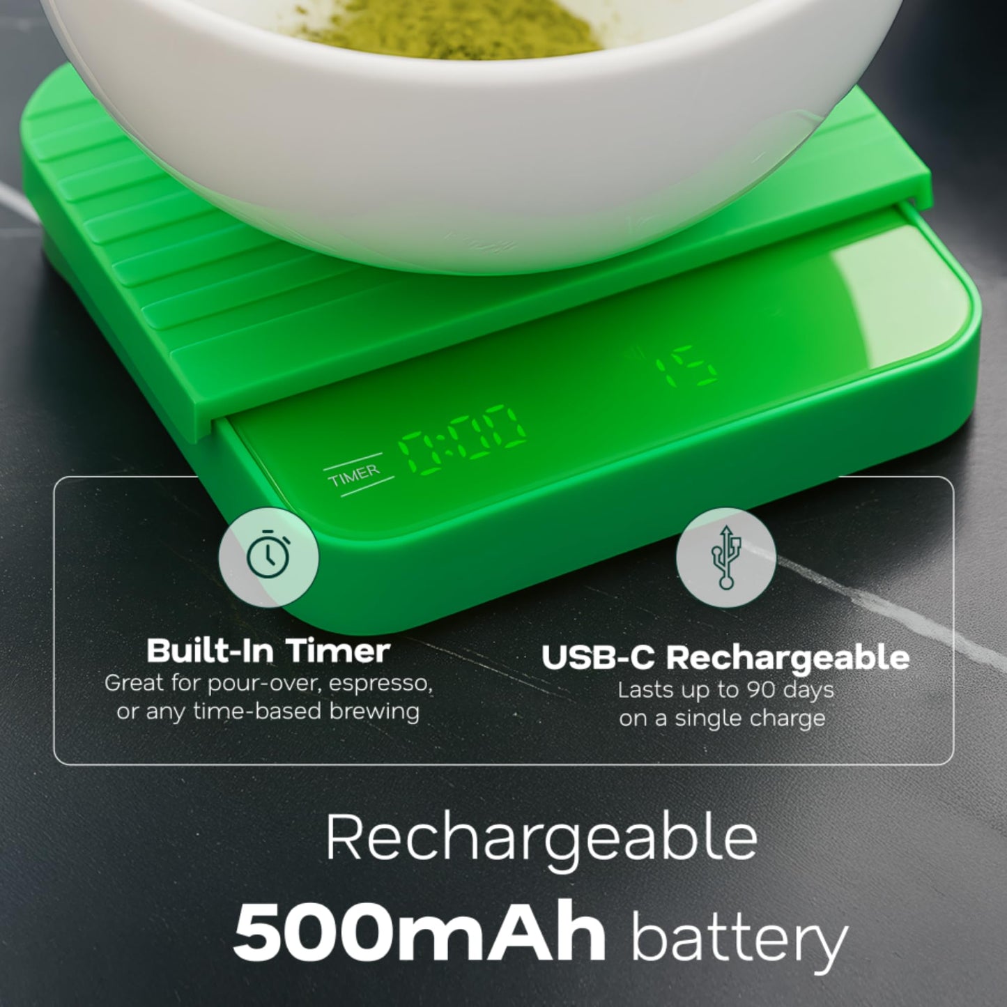 Matcha Scale – 0.1g Precision USB-C Rechargeable Digital Scale for Weighing Matcha Powder | Perfect add-on to Any Matcha Set | LED Display, Timer, Tare