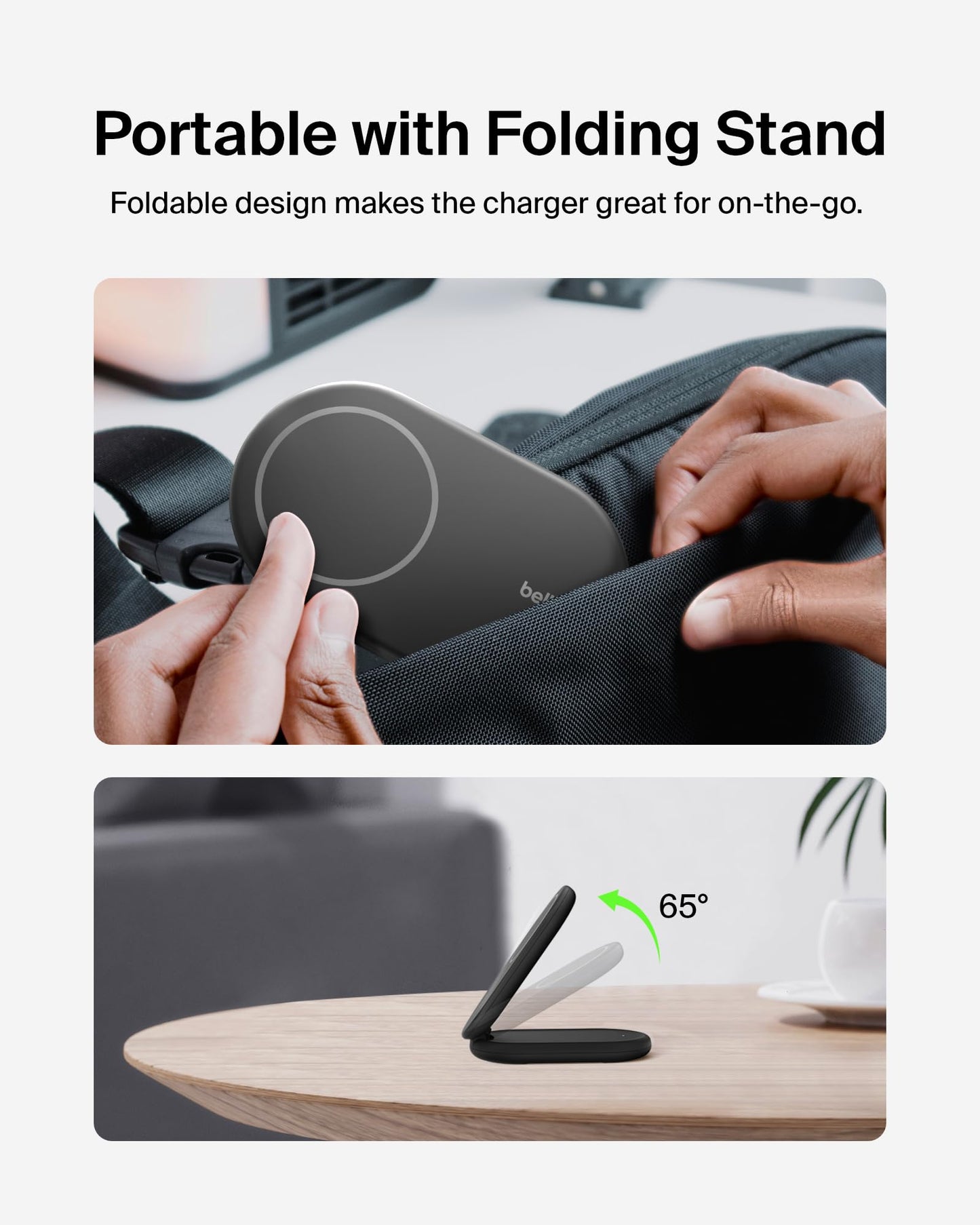 Belkin Magnetic Foldable Wireless Charging Stand 15W - MagSafe-Compatible Qi2-Certified iPhone Charger, Wireless Charging Stand for iPhone 16, 15, & 14 Series, Standy Mode Ready, PSU Included - Black