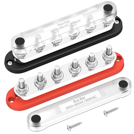 DaierTek Power Distribution Block 300A 12V Bus Bar 5/16" 6 Post Terminal Block with Cover Max 48V DC/300V AC for Marine Automotive Car Truck Solar Systems (Positive and Ground)