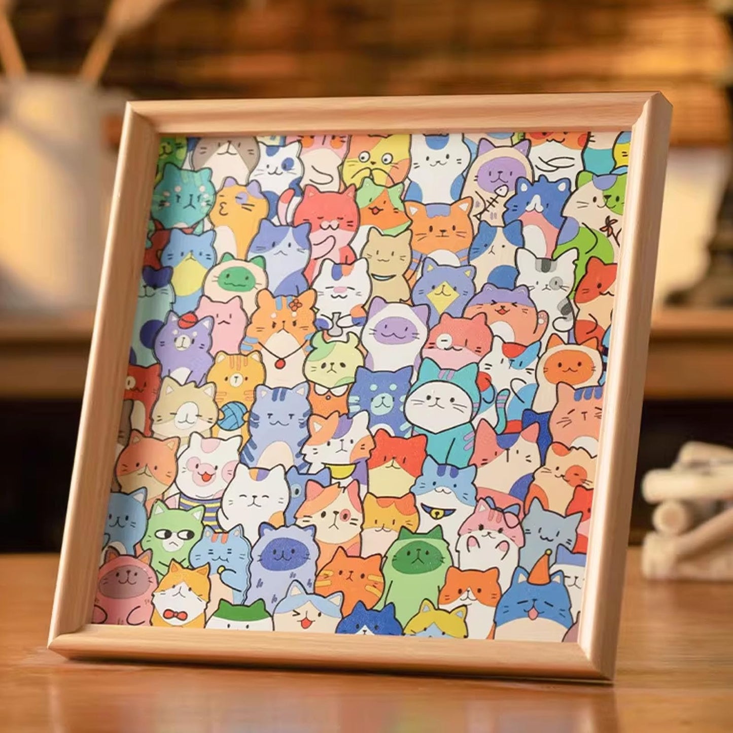 Little Kitties - Wooden Coloring Puzzle, Puzzle/Drawing/Assembly All in One, Wooden Cat Coloring Puzzle Frame, Natural Wood Grain, Equipped Marker Pen