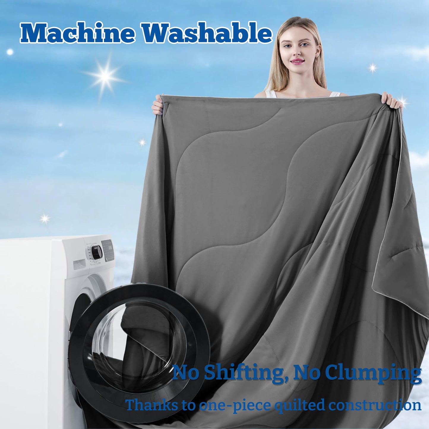 DOWNCOOL Cooling Comforter Queen Size, Lightweight Blanket for Hot Sleepers with Cooling Pillowcases, 3-Piece Bedding Set for Night Sweats & Moisture-Wicking Quick-Dry Fabric, Grey 90″x90″