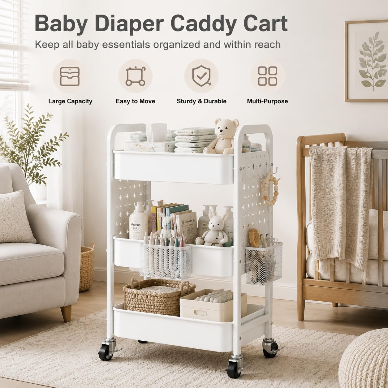 3 Tier Rolling Cart Metal with DIY Pegboard, White Rolling Cart on Wheels for Art Supply Organizer, Three Tiered Craft Organizers and Storage Cart, Utility Hobby Carts for Baby Diaper Caddy,Nail,Book