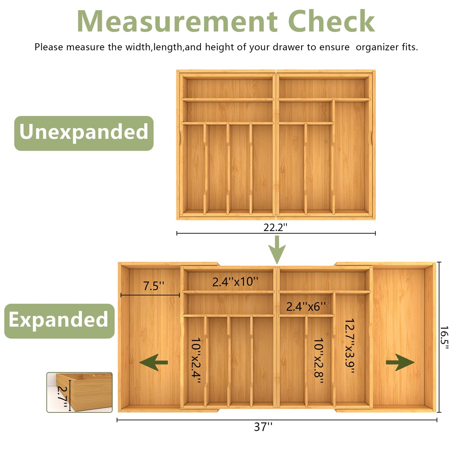 Suli Large Silverware Drawer Organizer, Adjustable Kitchen Flatware for Forks Knives and Spoons, Bamboo Cutlery Utensil Holder, Expandable from 22in-37in, Natural Bamboo