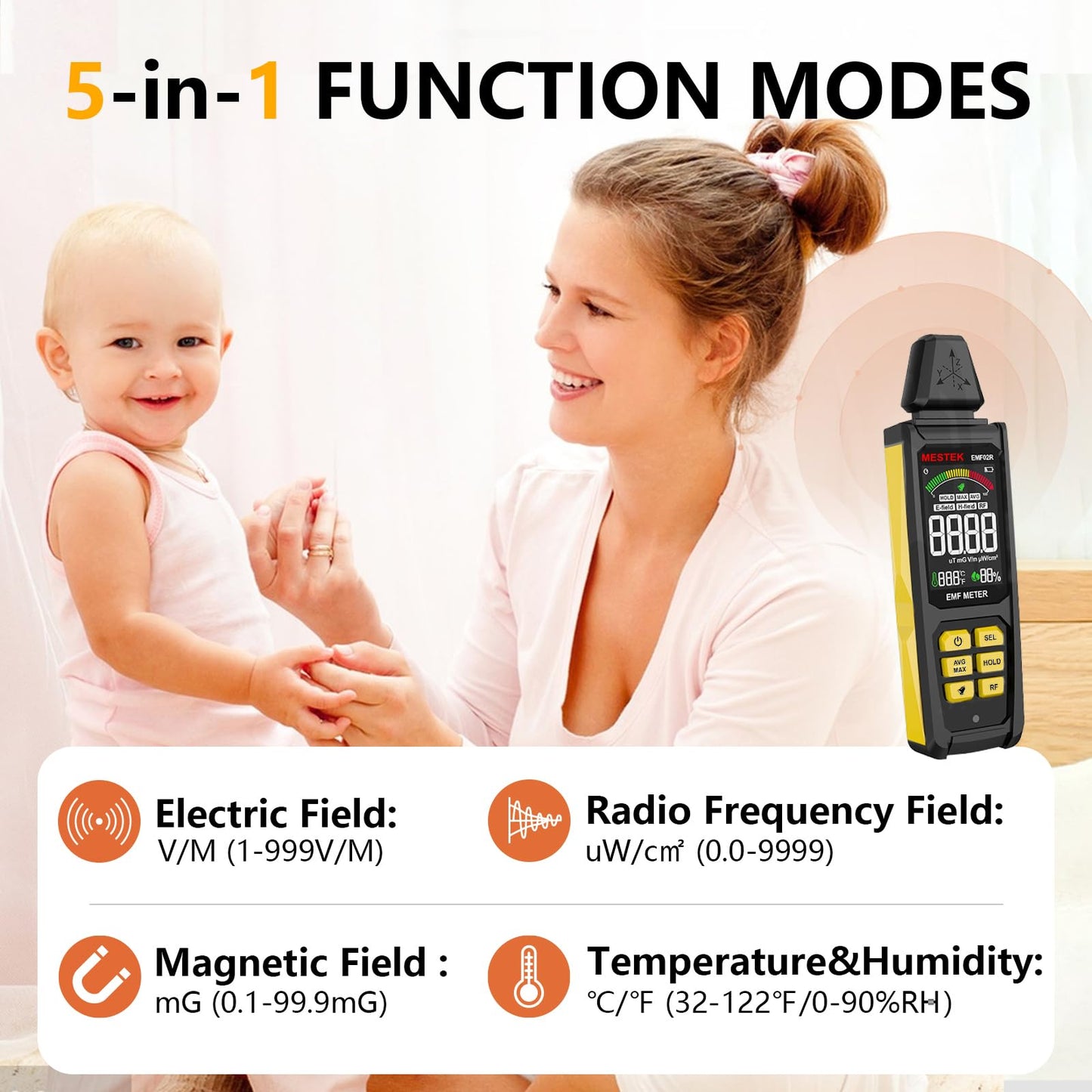 EMF Detector, MESTEK 5 in 1 EMF Meter Radiation Detector, Electric Field, Radio Frequency Field Temperature, Magnetic Field Strength Meter, Rechargeable EMF Reader Home EMF Detection and Ghost Hunting