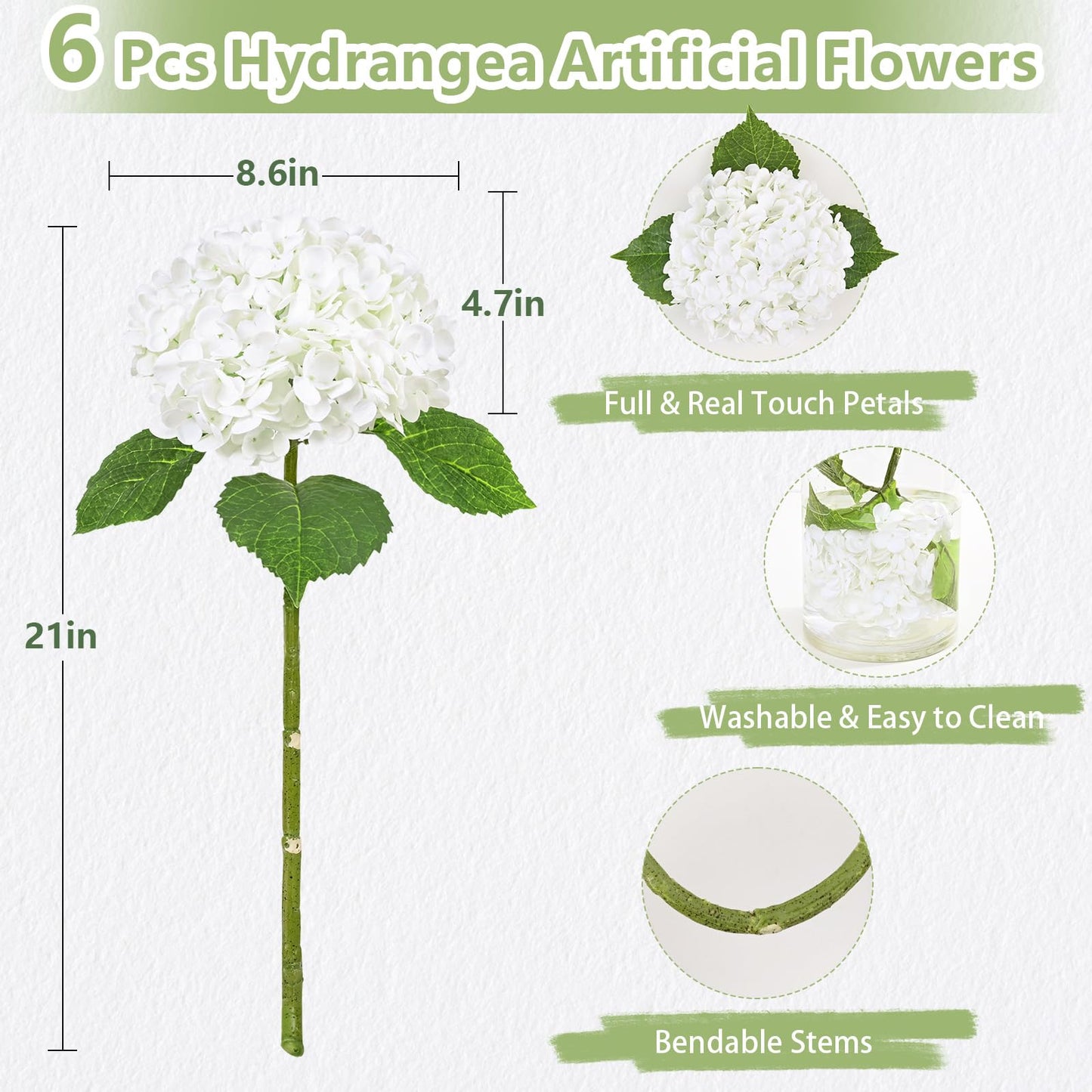 Yastouay 6 Pcs Real Touch Hydrangea Artificial Flowers, 21" White Full Faux Hydrangea Flowers Latex Fake Flowers for Home Decor Party Floral Arrangements Wedding Bouquets Centerpieces Outdoor Decor