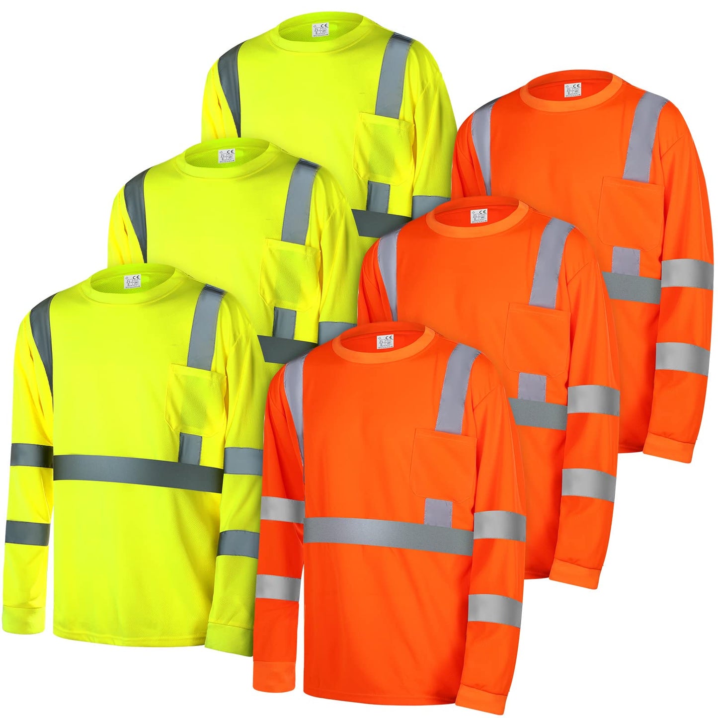 Macarrie 6 Pcs Class 3 Reflective Safety High Visibility Shirt Long Sleeve with Packet Breathable (L)