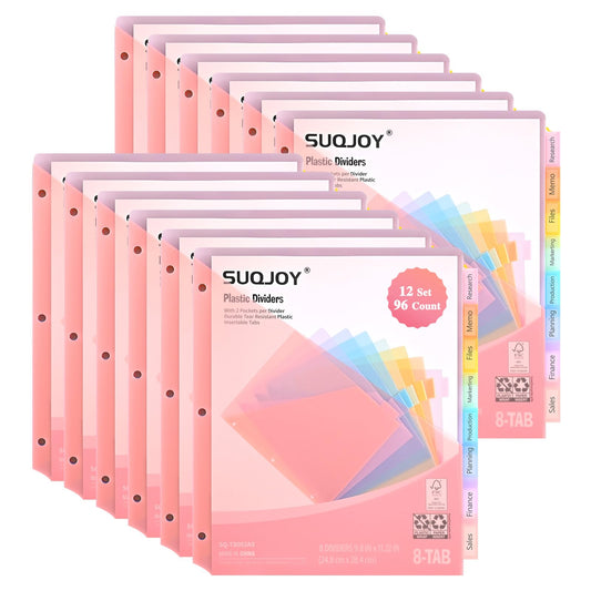 8-Tab Dividers for 3 Ring Binder, 96 Count Binder Dividers with Pockets, Subject Dividers, 3-Hole Plastics Sheets Protectors for US Letter Size in 0.5", 1",2" Binders, 8 Pastel Colors, 12 Packs