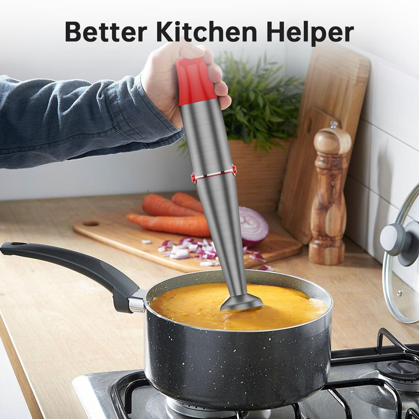 Turelar Immersion Blender Handheld Corded Hand Blenders Set 1100W, Trigger Variable Speed 5 in 1 Stick Emulsifier with Chopper, Whisk and Frother for Soup, Baby Food and Smoothies, Christmas red