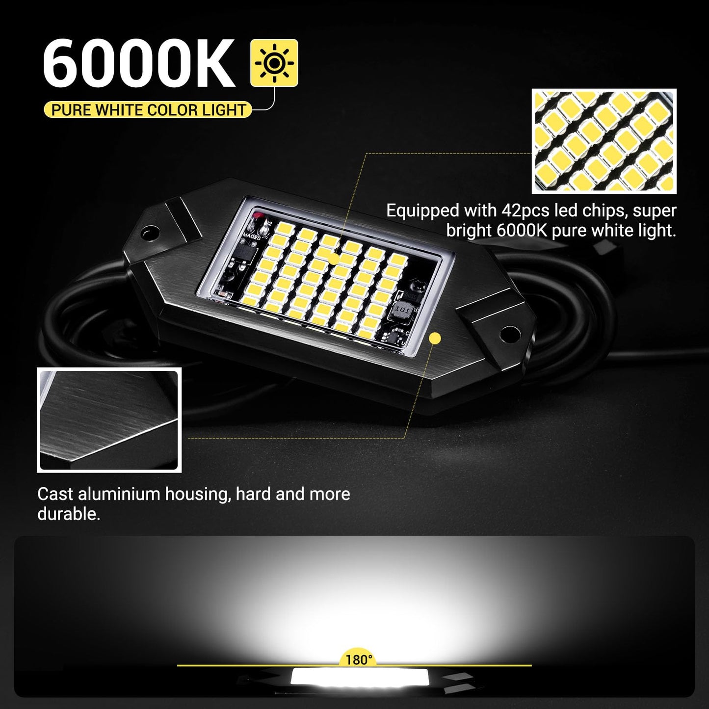 Hovano 8Pods White Rock Lights 6000K Pure White Color 42 LED Super Bright Chips with 10ft Extension Wires,IP68 Waterproof Underglow Kit for Pickup Off Road Trucks SUV ATV UTV Golf Car Boat