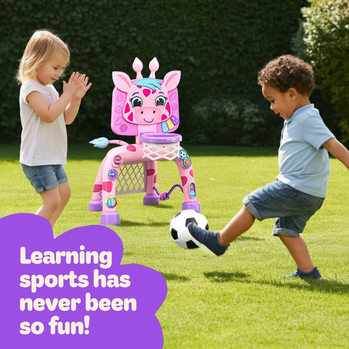 Move2Play, Giraffe Basketball Hoop & Soccer Goal Activity Center | 30+ Sounds & Lights | 1, 2, 3+ Year Old Birthday Present | 6, 12, 18, 24+ Month Toy for Baby, Toddler, Boys, & Girls