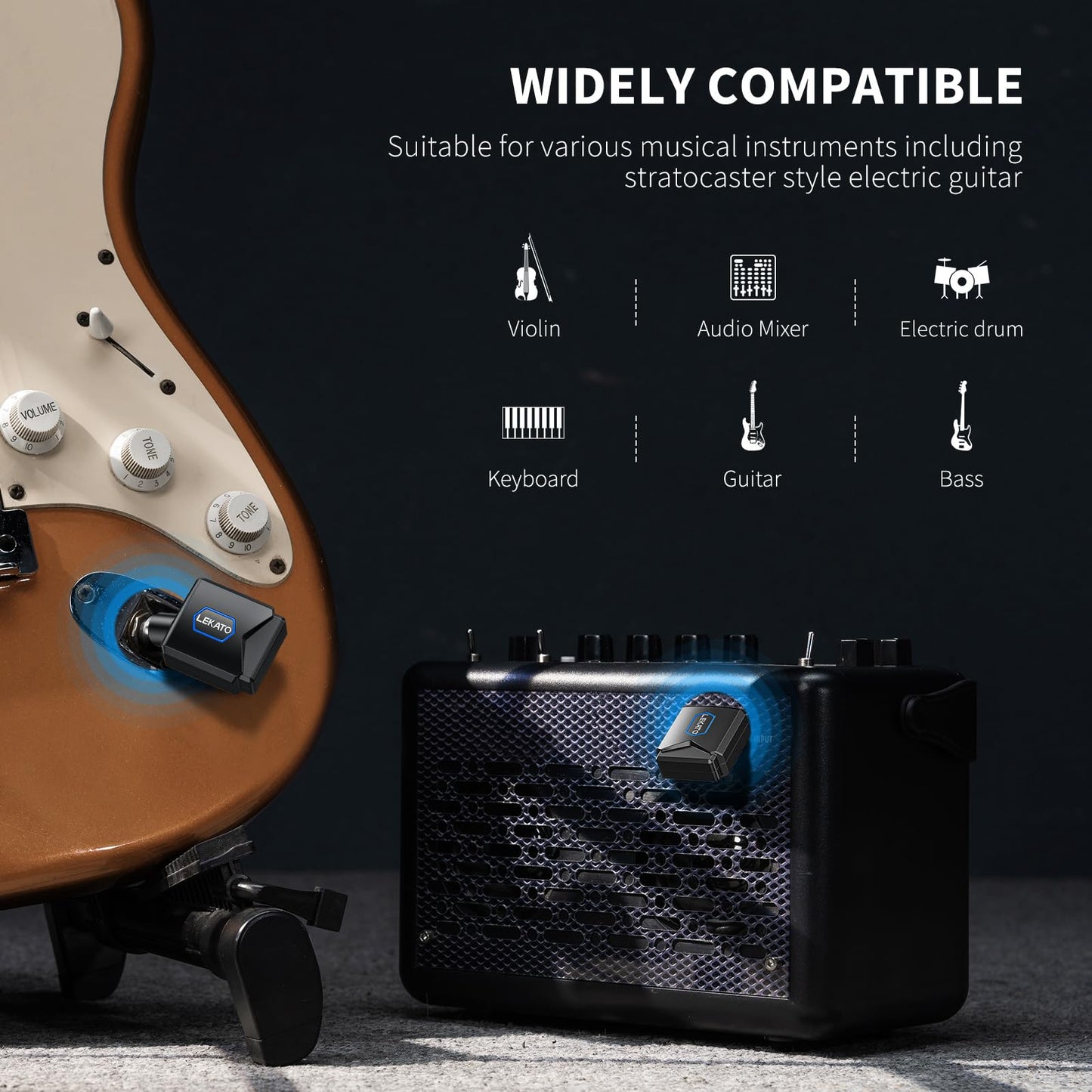 LEKATO Wireless Guitar System 5.8G Wireless Guitar Transmitter Receiver with Charging Box Rechargeable Audio Wireless Guitar Transmitter and Receiver with 4 Signal Channels for Electric Guitar Bass