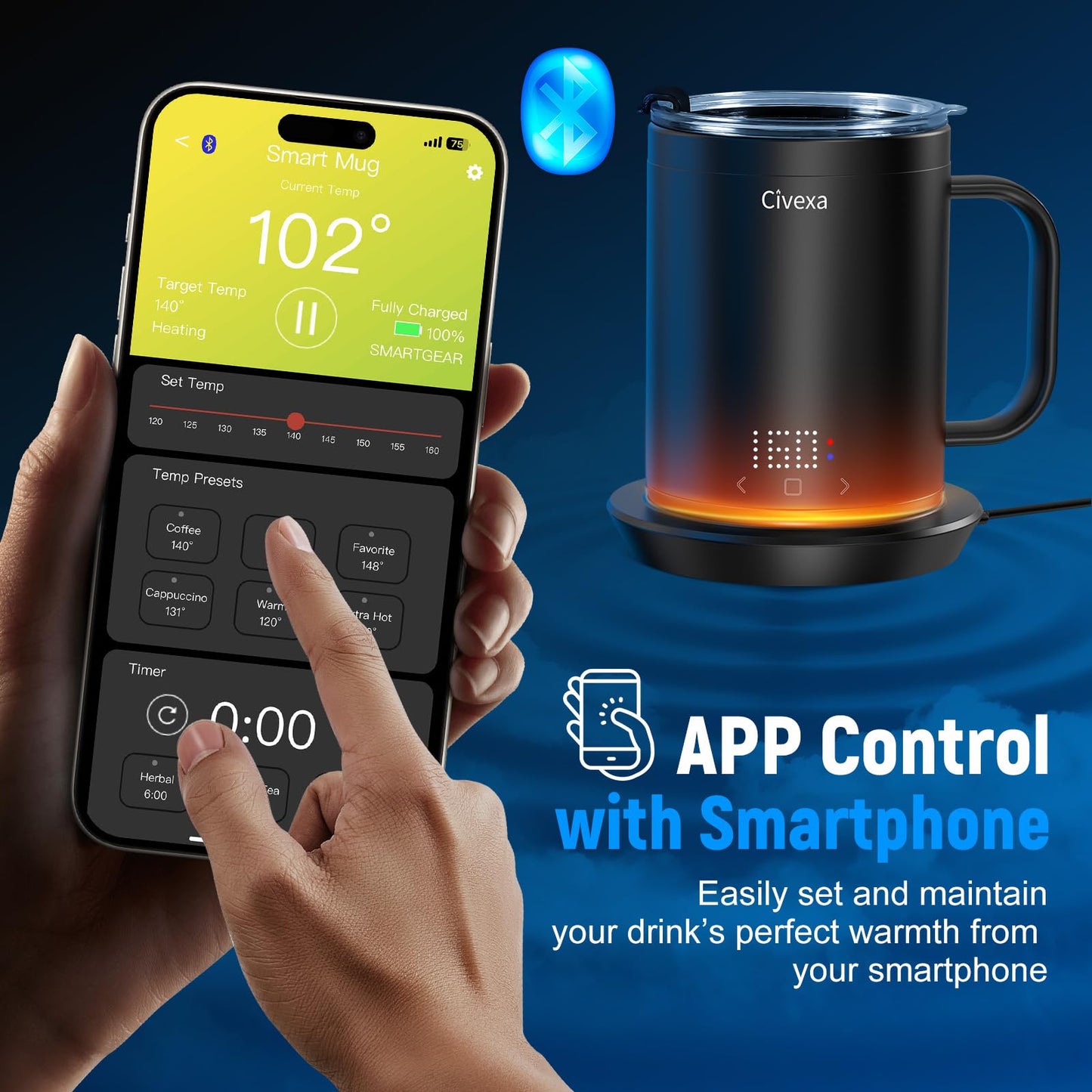 Civexa Rechargeable Self Heating Coffee Mug, Fast Heating & High Temperature, 14 Oz App-Controlled Heated Coffee Mug, 1F Precise Temperature Control Smart Mug Warmer for 150 Min Use