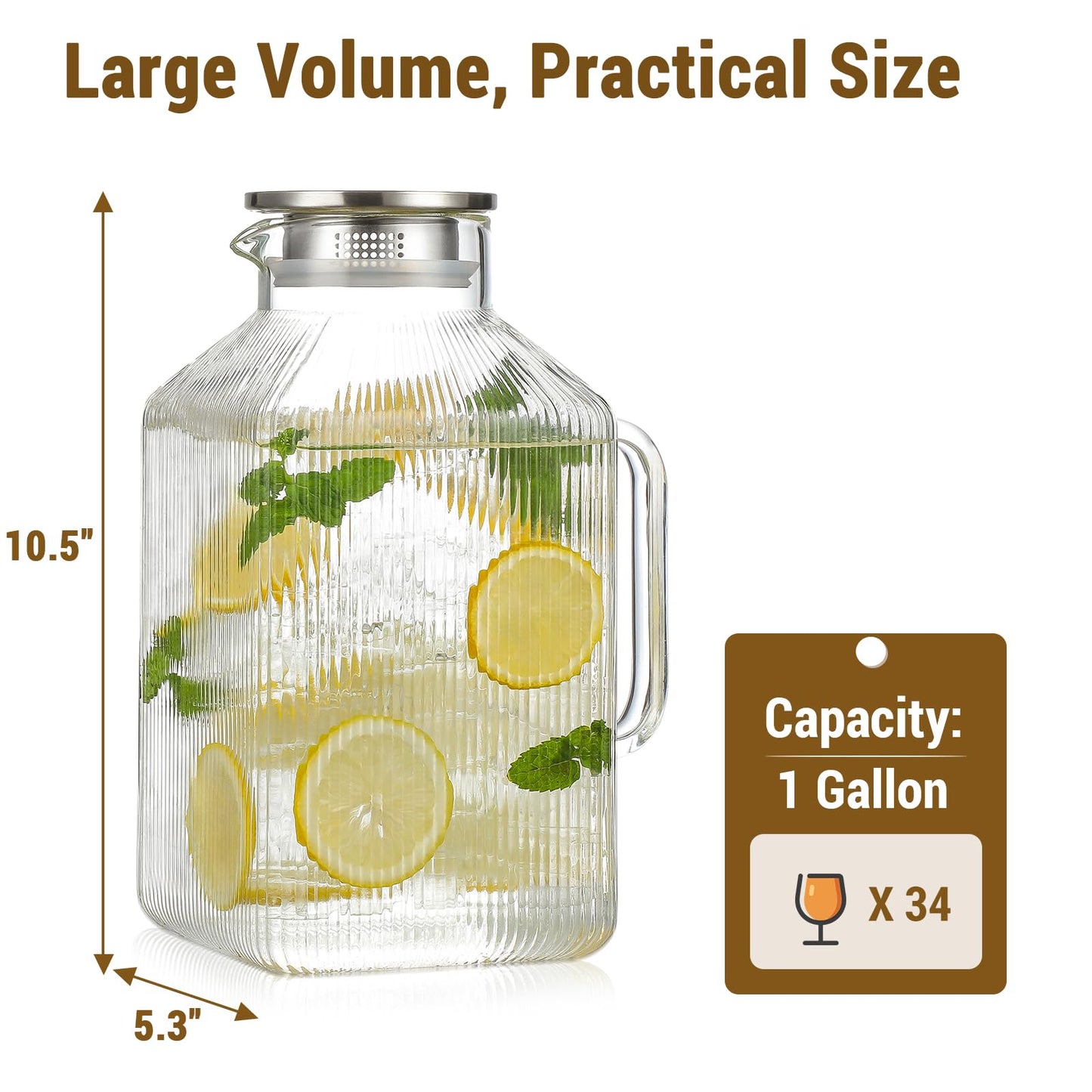 1 Gallon thickened Square Glass Pitcher with Lid, Classic Stripes Water Pitchers for Fridge, Borosilicate Glass Carafe for Hot/Cold Brew Drink, Extra Large Jug with Handle for Iced Tea, Coffee, Juice