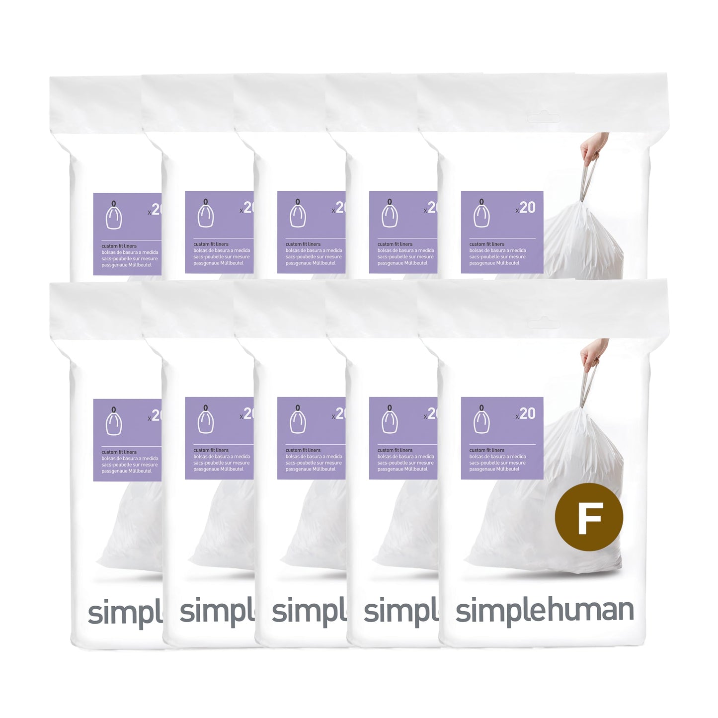 simplehuman Code F 200 Count Custom Fit Liners, Drawstring Kitchen Trash Bags, One-by-One Mess-Free Dispense, Extra Thick & Double Seamed, 50% PCR Plastic, 25 Liter / 6.6 Gallon, White