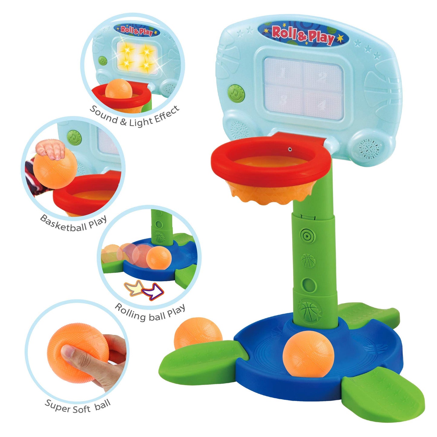 LotFancy Basketball Hoop for Kids Toddlers 18m-3y, Infant 2 in 1 Adjustable Sports Toy Set, Baby Interactive Learning Toy, with Light and Music, Indoor Basketball Game, Battery Include