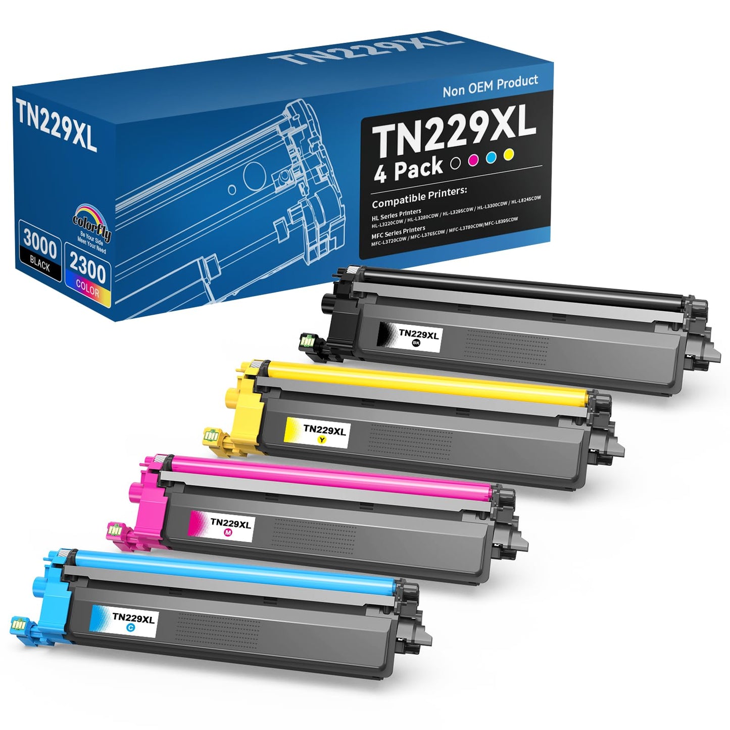 colorfly Compatible TN229XL Toner Cartridges Replacement for Brother TN229XL Toner Cartridges Printer Toner TN229XL V XXL Use with MFC-L3780CDW HL-L3280CDW HL-L3220CDW HL-L3295CDW (1BK, 1C, 1M, 1Y)