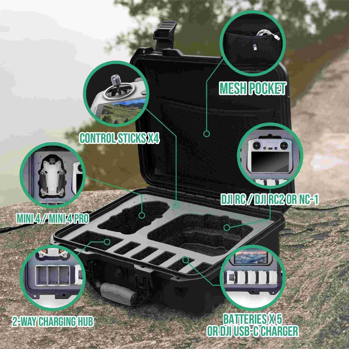 INNVO Waterproof Hard Case for DJI Mini 4 Pro Fly More Combo RC 2 / RC-N2, Rugged Protective Carrying Case Compatible with DJI Mini 4 PRO/Mini 3 PRO, Rubber Handle Mesh Pocket Black