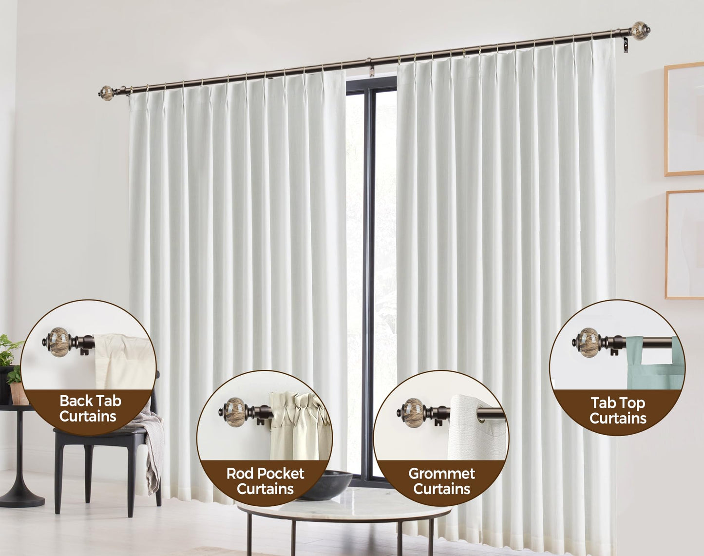 KAMANINA 1 Inch Curtain Rods for Windows 66 to 120 Inches Bronze Heavy Duty Curtain 32 to 120 (2.6-10ft), Adjustable Long Drapery Rods with Marbled Finials