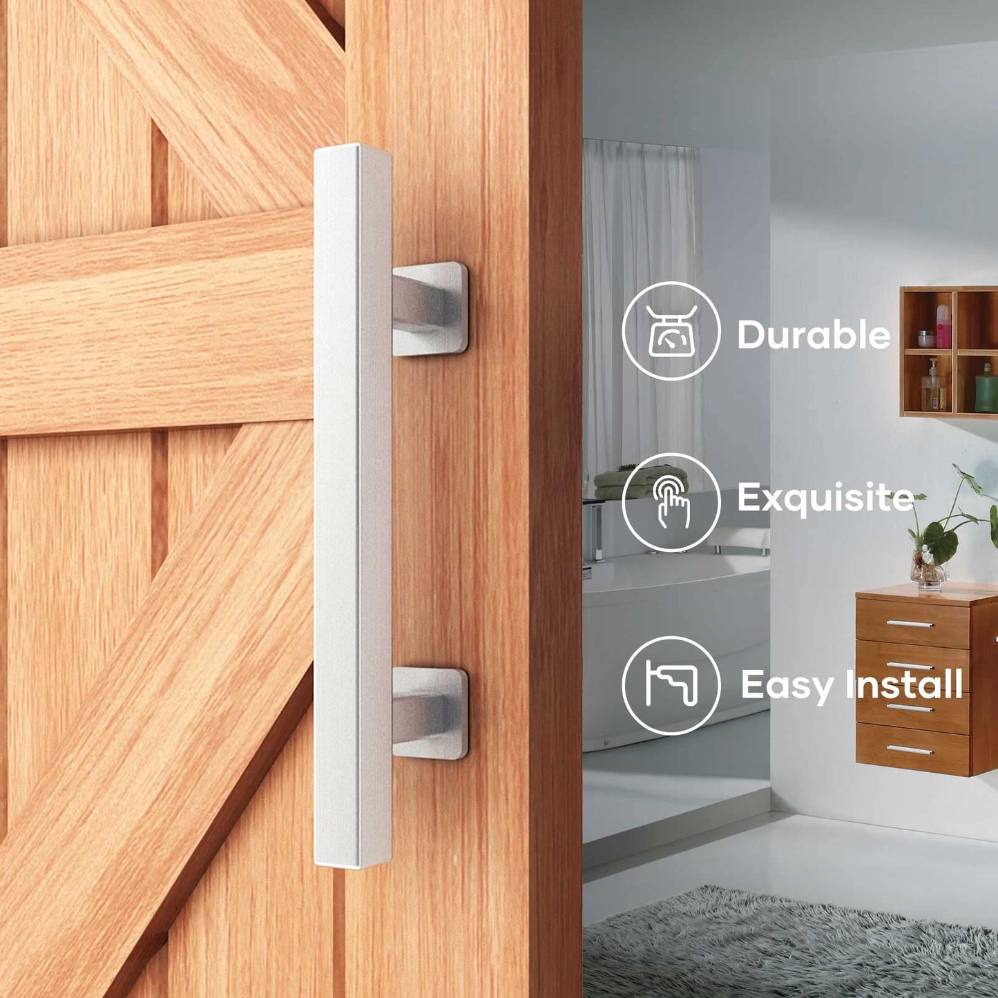 EaseLife 12" Stainless Steel Sliding Barn Door Pull Handle with Flush Hardware Set,Double Sided,Brushed Finish,Square,2 Pack