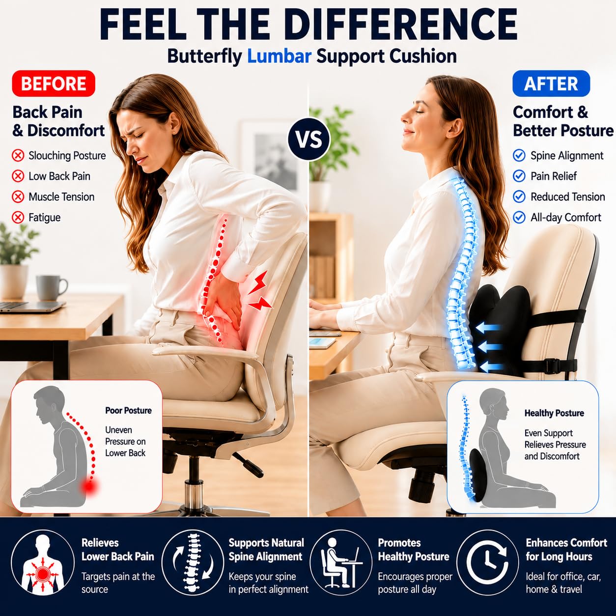 FoKon Memory Foam Lumbar Support Pillow,Back Support for Office Chair,Back Pillow for Chair,Ergonomic Lower Back Cushion for Desk Chair,Computer Chair,Gaming Chair and Car Seat,Washable Cover（Black）