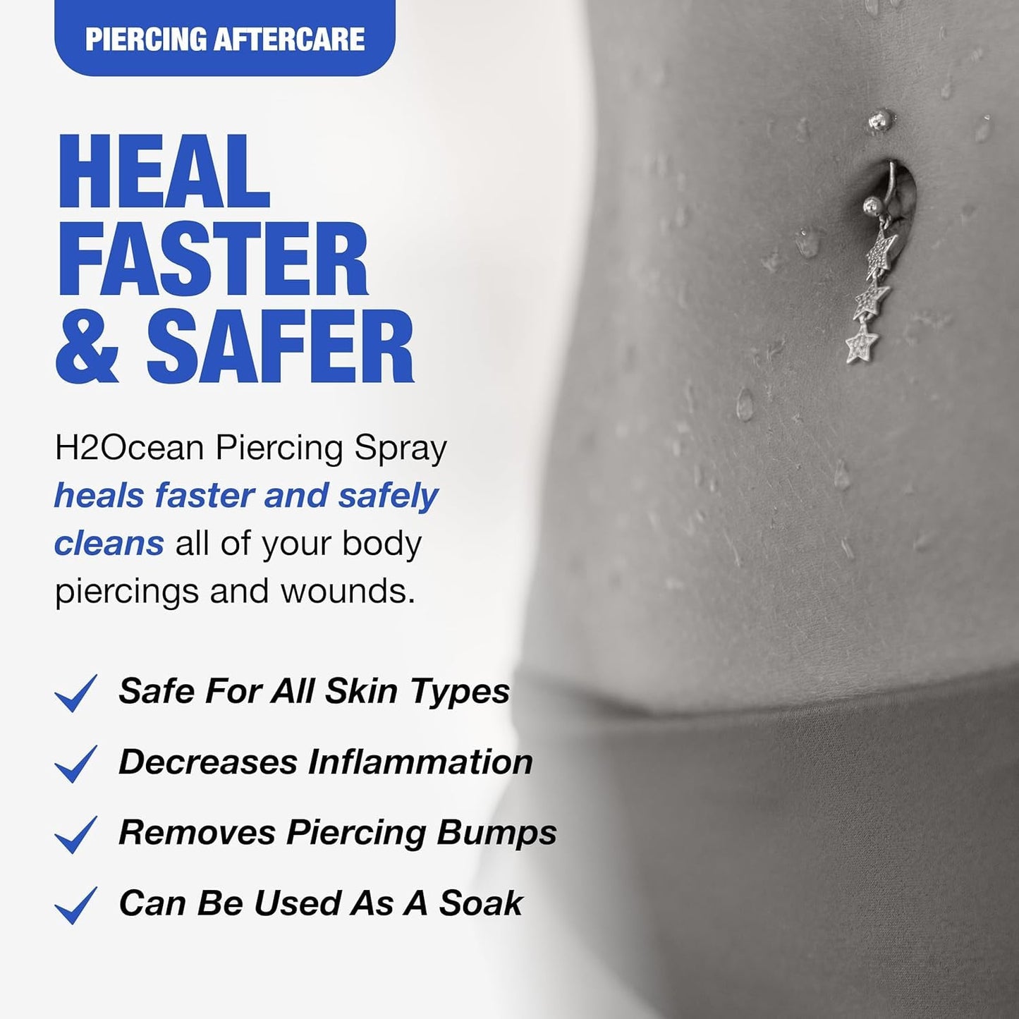 H2Ocean Piercing Aftercare Spray, Saline Spray for Piercings Cleaning Solution, with Sea Salt Nipple, Ear, Nose, Lip, Belly Piercings Cleaning Spray with Sea Salt & Bump Treatment, Set of 2
