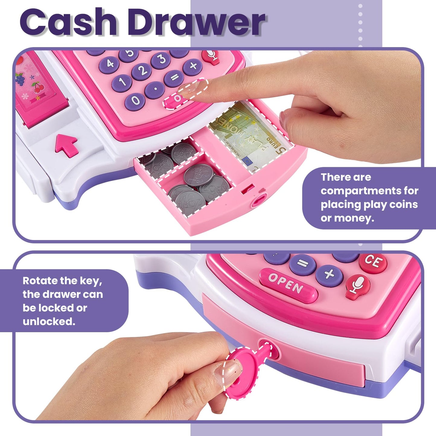 BUYGER Children's cash register toy cash register with receipt printer, scanner microphone, shopping shop accessories, supermarket role play, gifts for children from 3 + years