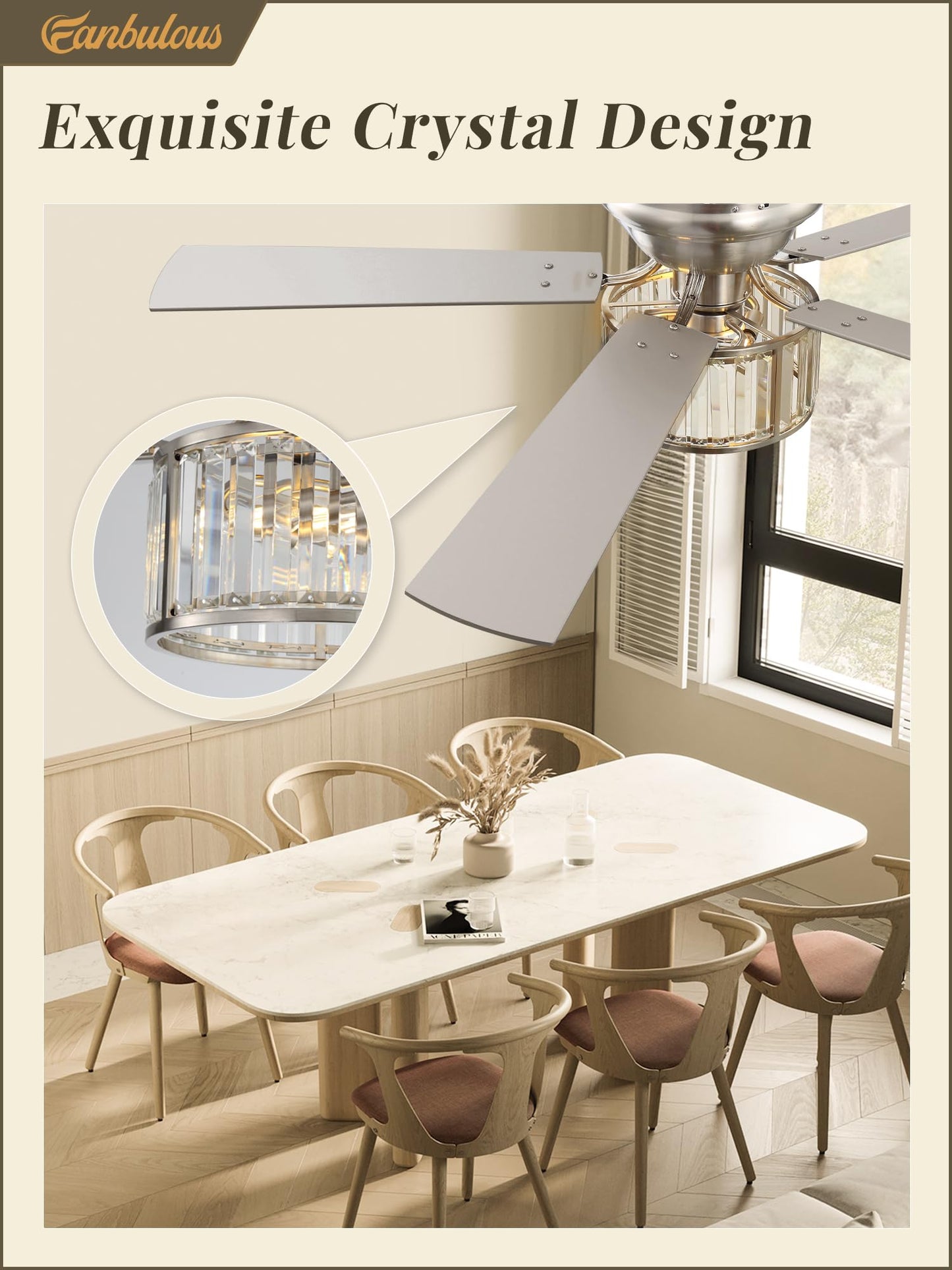 56 Inch Modern Crystal Chandelier Fan, Brushed Nickel Fandelier Ceiling Fan with Light, 6-Speeds, Quiet Reversible DC Motor, Flush Mount Ceiling Fan with Lights for Bedroom, Living Room
