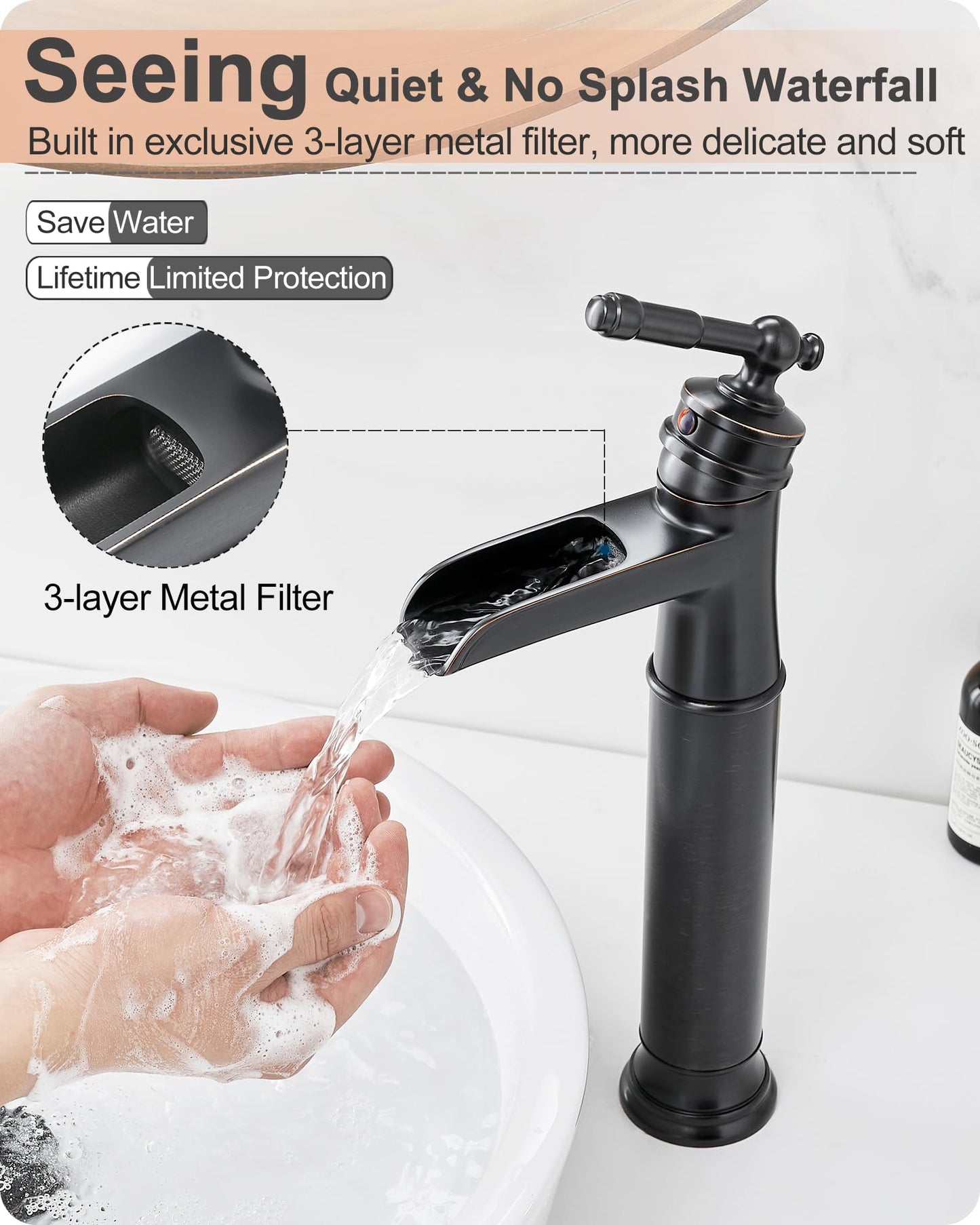HOIGY Brass Vessel Sink Faucet Oil Rubbed Bronze, Waterfall Tall Bathroom Faucet 1 Hole with Single Handle, Pop-Up Drain & Water Hose for Farmhouse Vanity Restroom Vessel Bowl Sink, 5 Mins Install