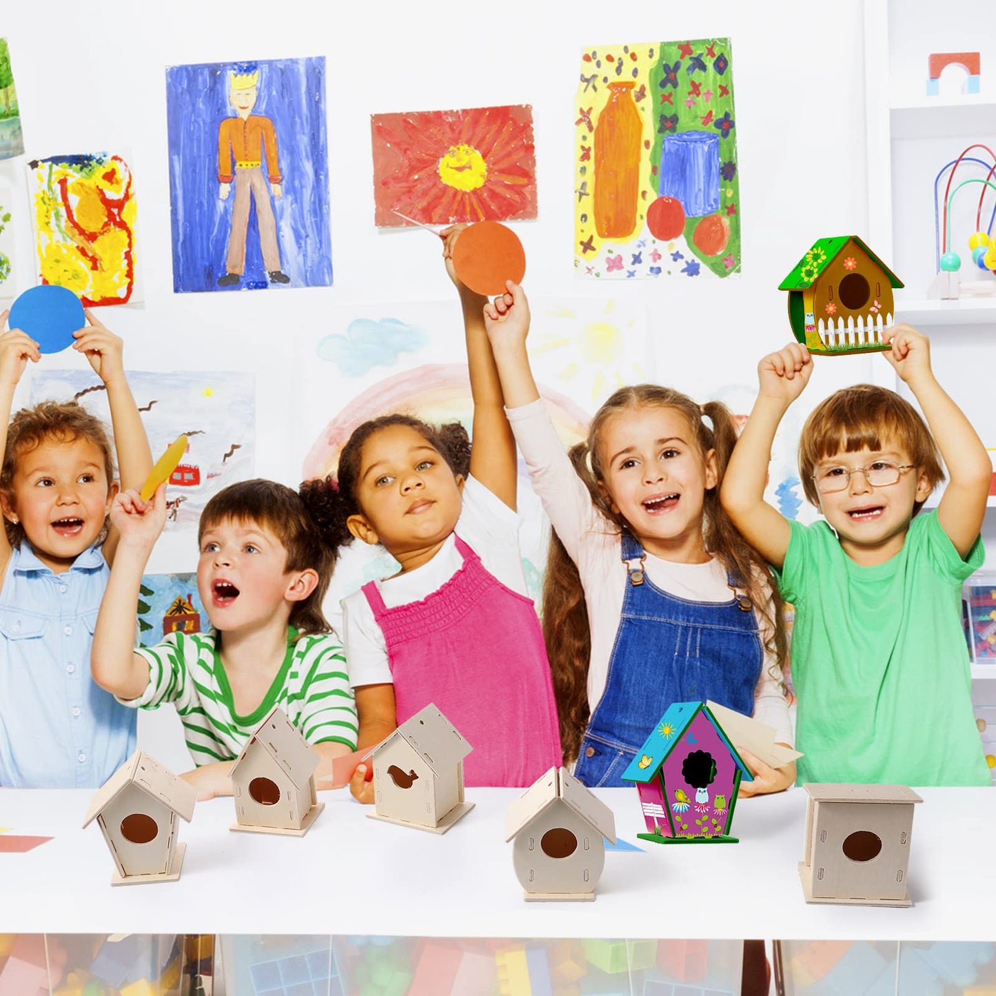 Kisston 120 Pcs Wooden Birdhouse Kits for Kids to Build and Paint DIY Bird Houses for Children Bird House Crafts in 6 Shapes and Stereoscopic Butterfly Sticker for Art Project Crafts Class Party