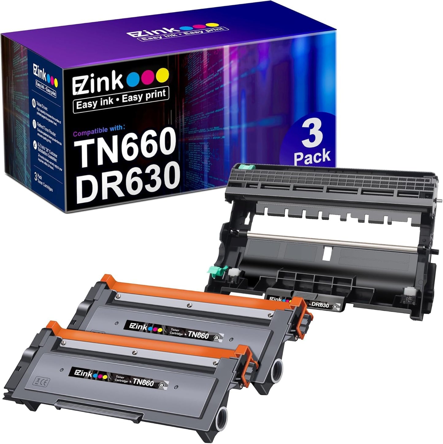 E-Z Ink Compatible Toner Cartridge & Drum Unit Replacement for Brother TN660 TN630 DR630 High Yield to use with HL-L2380DW HL-L2300D HL-L2340DW MFC-L2680W MFC-L2740DW Printer (Black, 3 Pack)