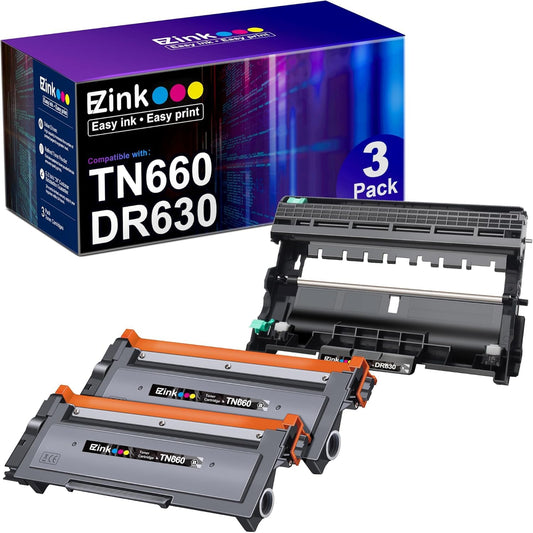 E-Z Ink Compatible Toner Cartridge & Drum Unit Replacement for Brother TN660 TN630 DR630 High Yield to use with HL-L2380DW HL-L2300D HL-L2340DW MFC-L2680W MFC-L2740DW Printer (Black, 3 Pack)